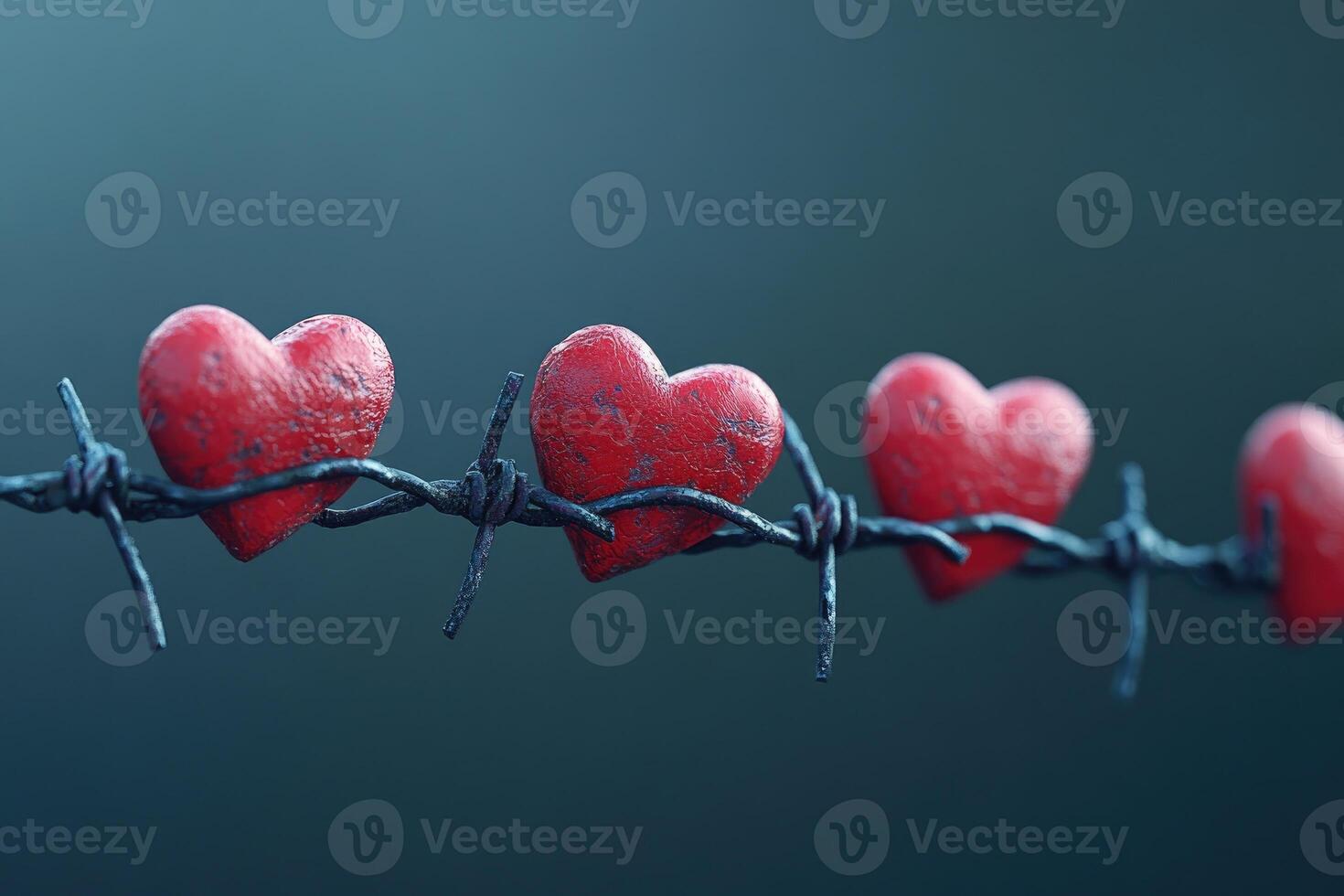 Barbed wire holding red hearts symbolizing forbidden love photo