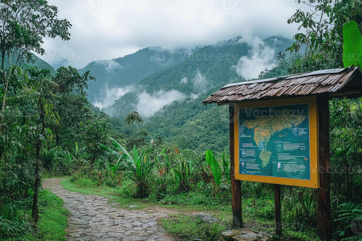 Hiking trail entering lush green forest with informative sign displaying map photo