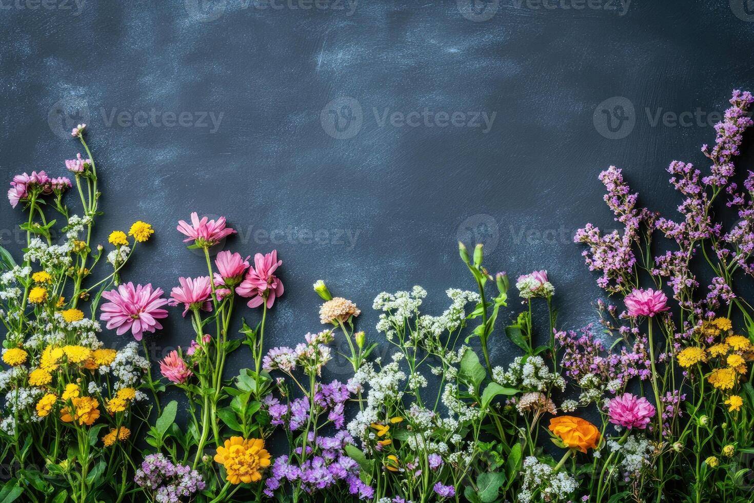 Colorful wildflowers lying on dark background creating floral border photo
