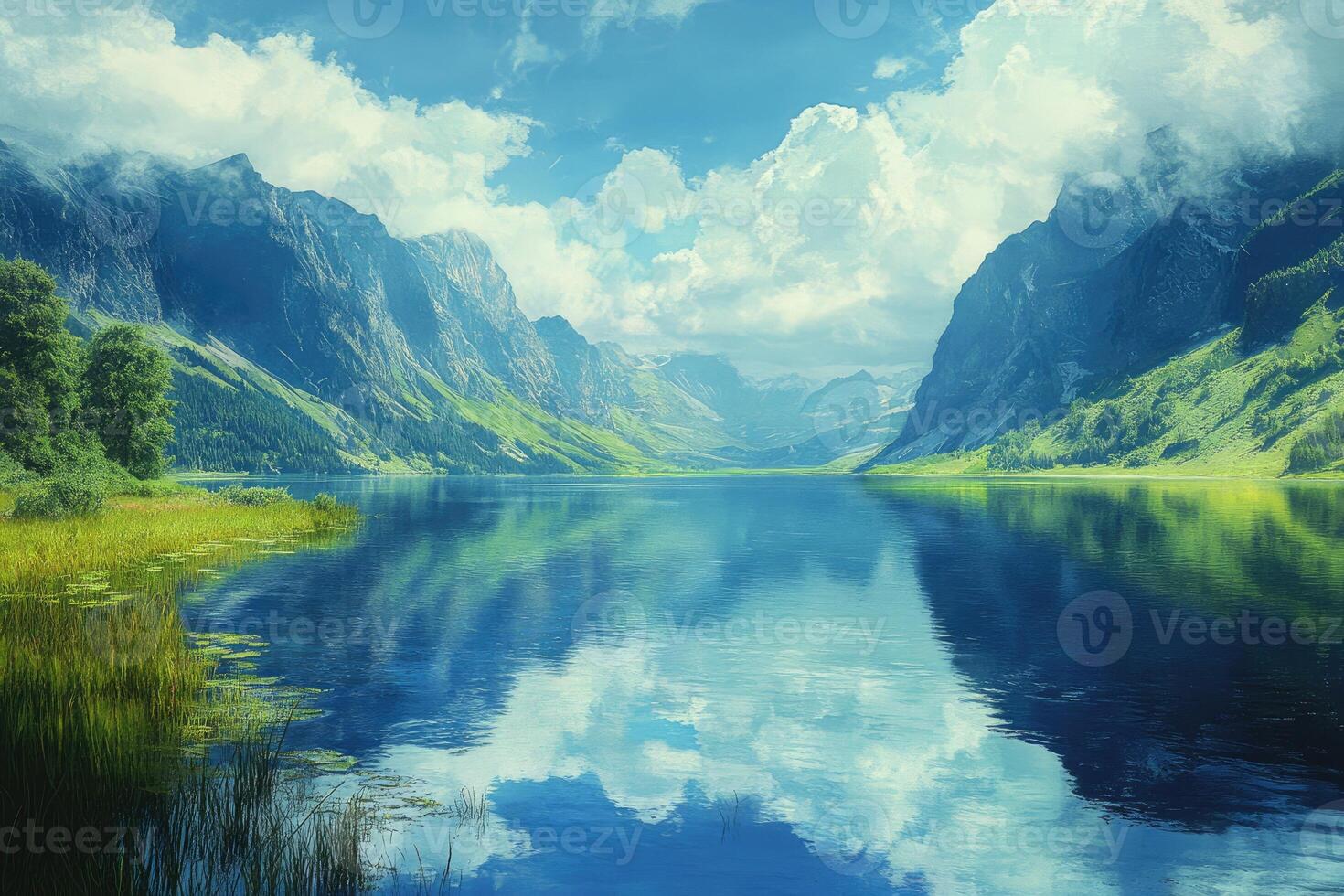Beautiful lake reflecting majestic mountains and cloudy sky photo