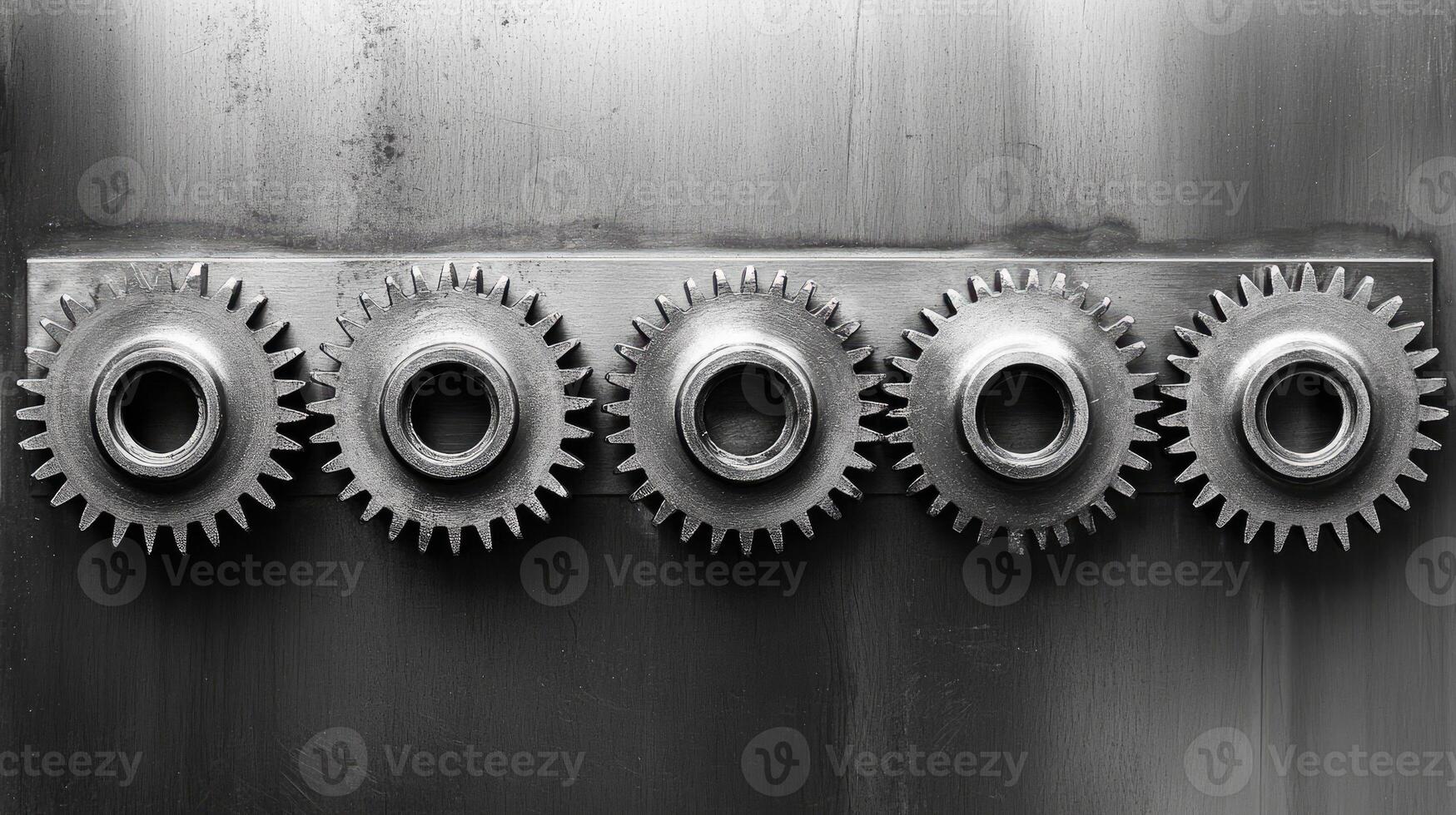 Five interlocking metal gears representing teamwork and collaboration photo