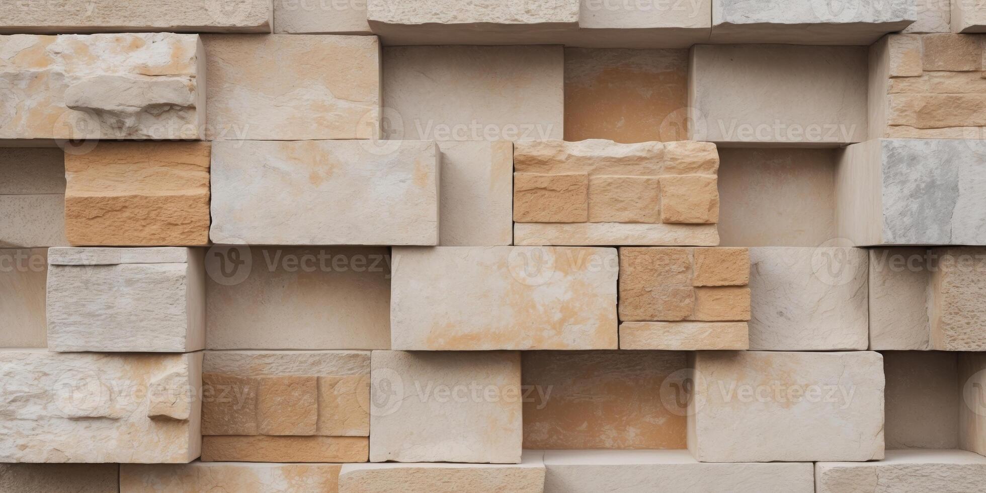 Textured stone wall with rectangular blocks in various shades of beige and brown featuring Copy Space for design purposes. photo
