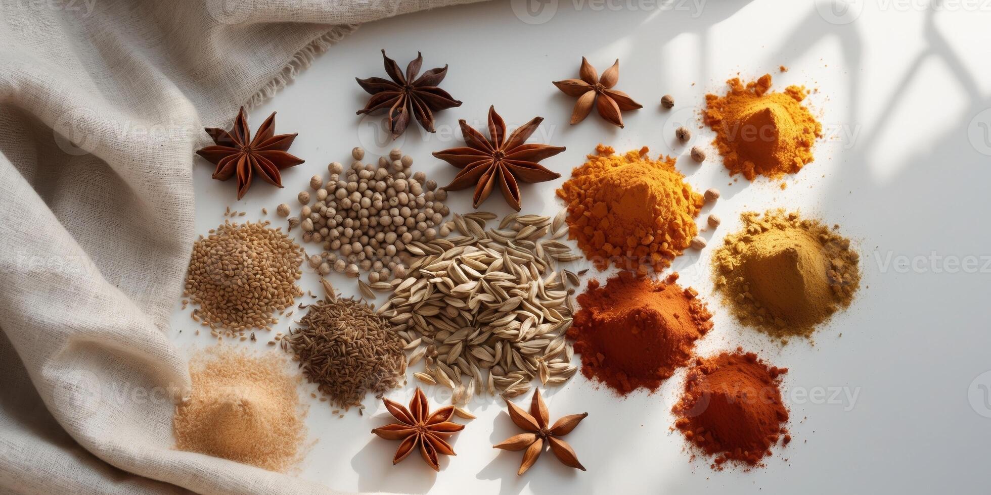 Variety of Whole Spices and Ground Spices on Natural Fabric Background with Copy Space photo