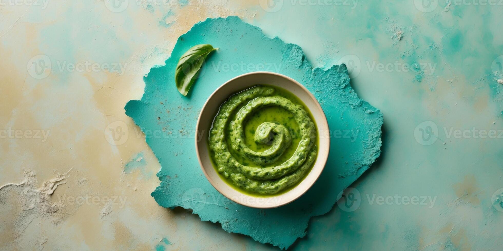 Bowl of fresh basil pesto on textured turquoise background with copy space for text photo