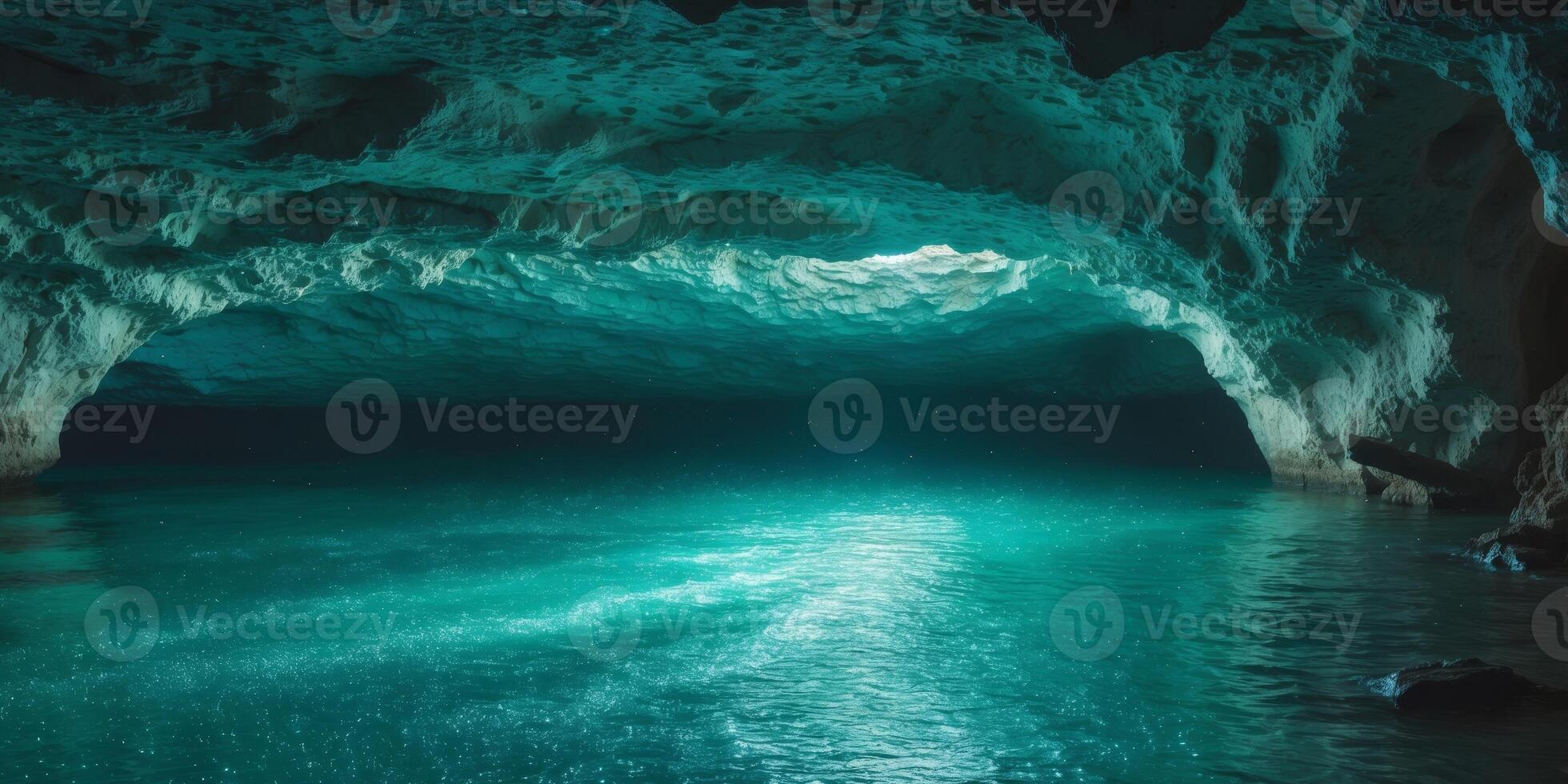 A mysterious cave opening into a glittering underground ocean photo