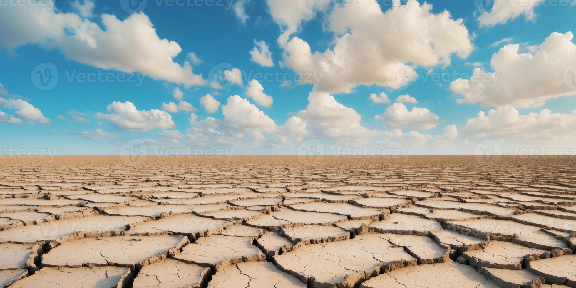 Dry cracked soil in agricultural field under blue sky with scattered clouds Copy Space. photo