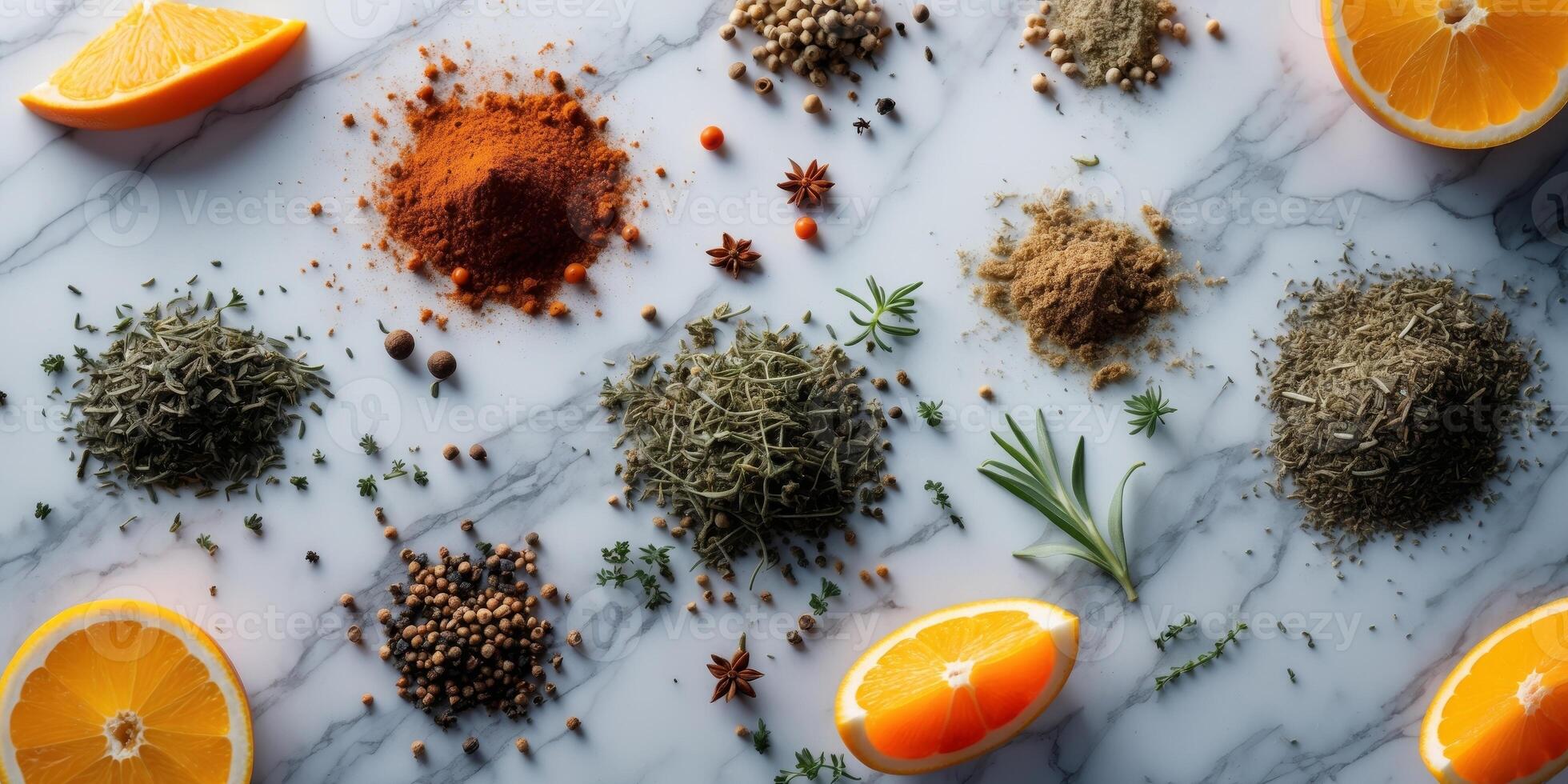Spices and herbs arranged on a marble surface with orange slices and copy space for text photo