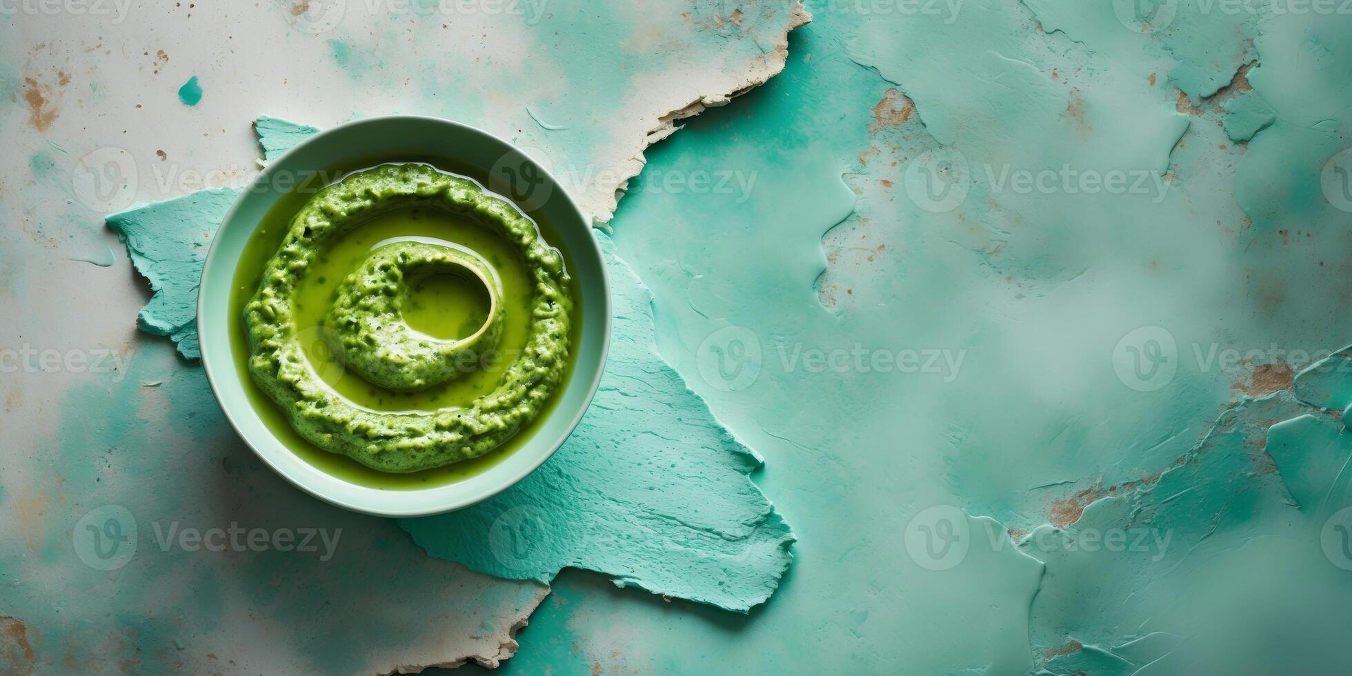 Bowl of fresh basil pesto on textured turquoise background with copy space for text. photo