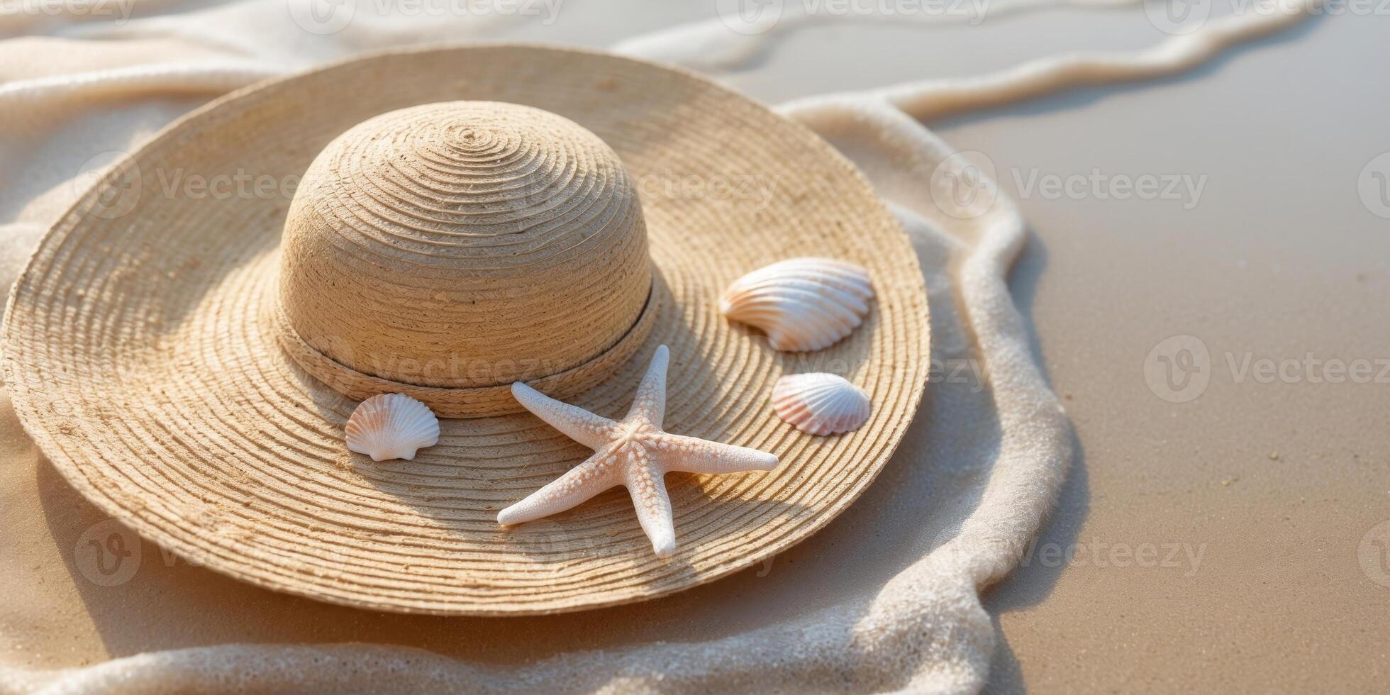 Carefree Summer Beach Scene with Empty Copy Space for Text Featuring a Straw Hat and Starfish on Sandy Shoreline photo