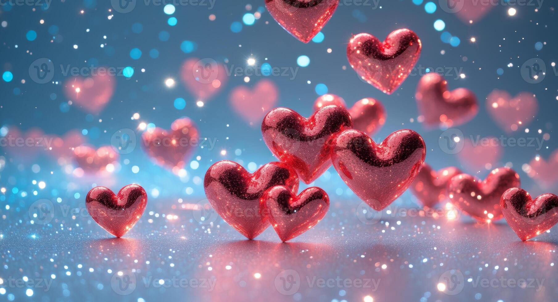 Red Shiny Shimmer Hearts on Blue Sparkling Background for Valentine's Day. photo