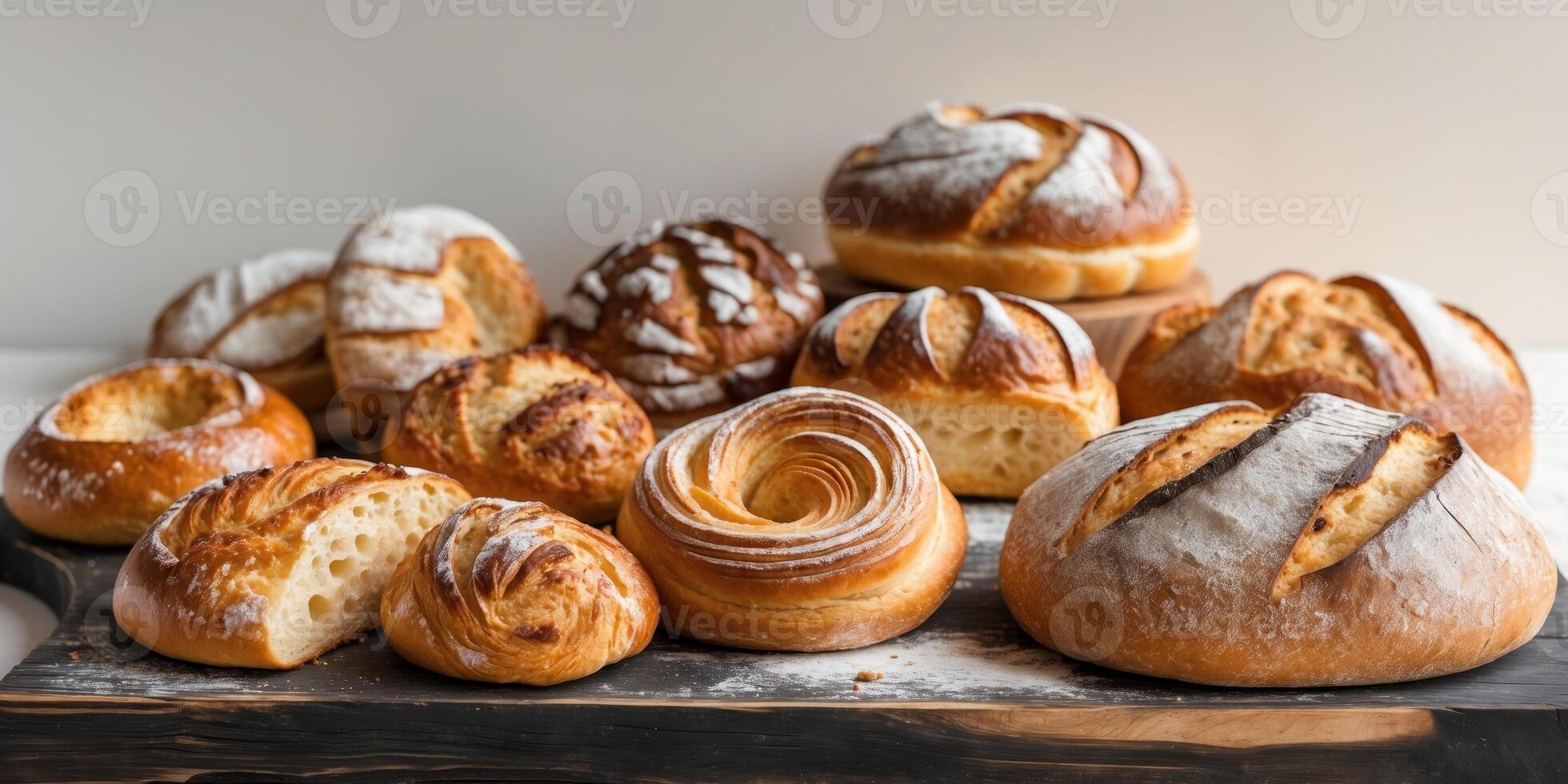 Assorted Freshly Baked Pastries and Bread on Wooden Board with Copy Space for Text photo