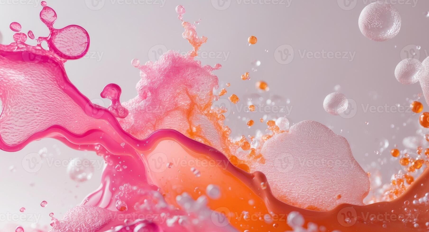 Abstract Pink and Orange Liquid Splash with Bubbles Dynamic Foam Texture Close Up photo