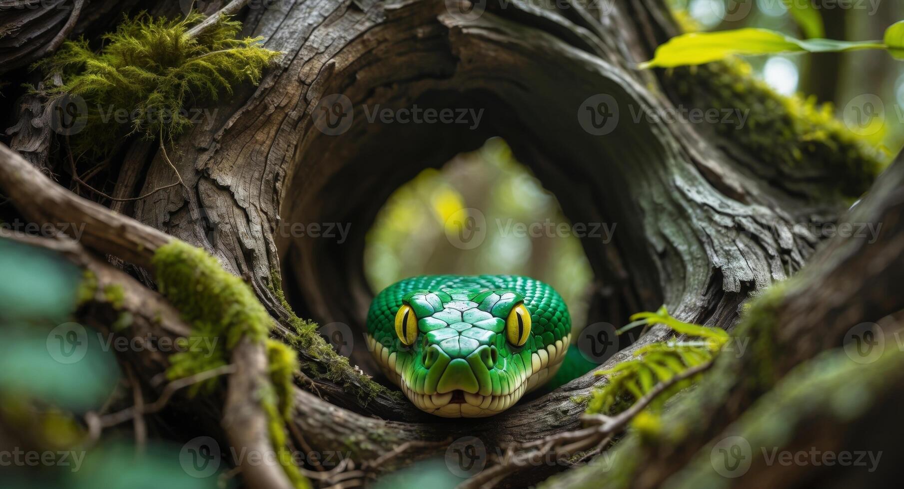close up of a green snake with intense eyes peering thru a tree hollow in a natural wooded area putting photo