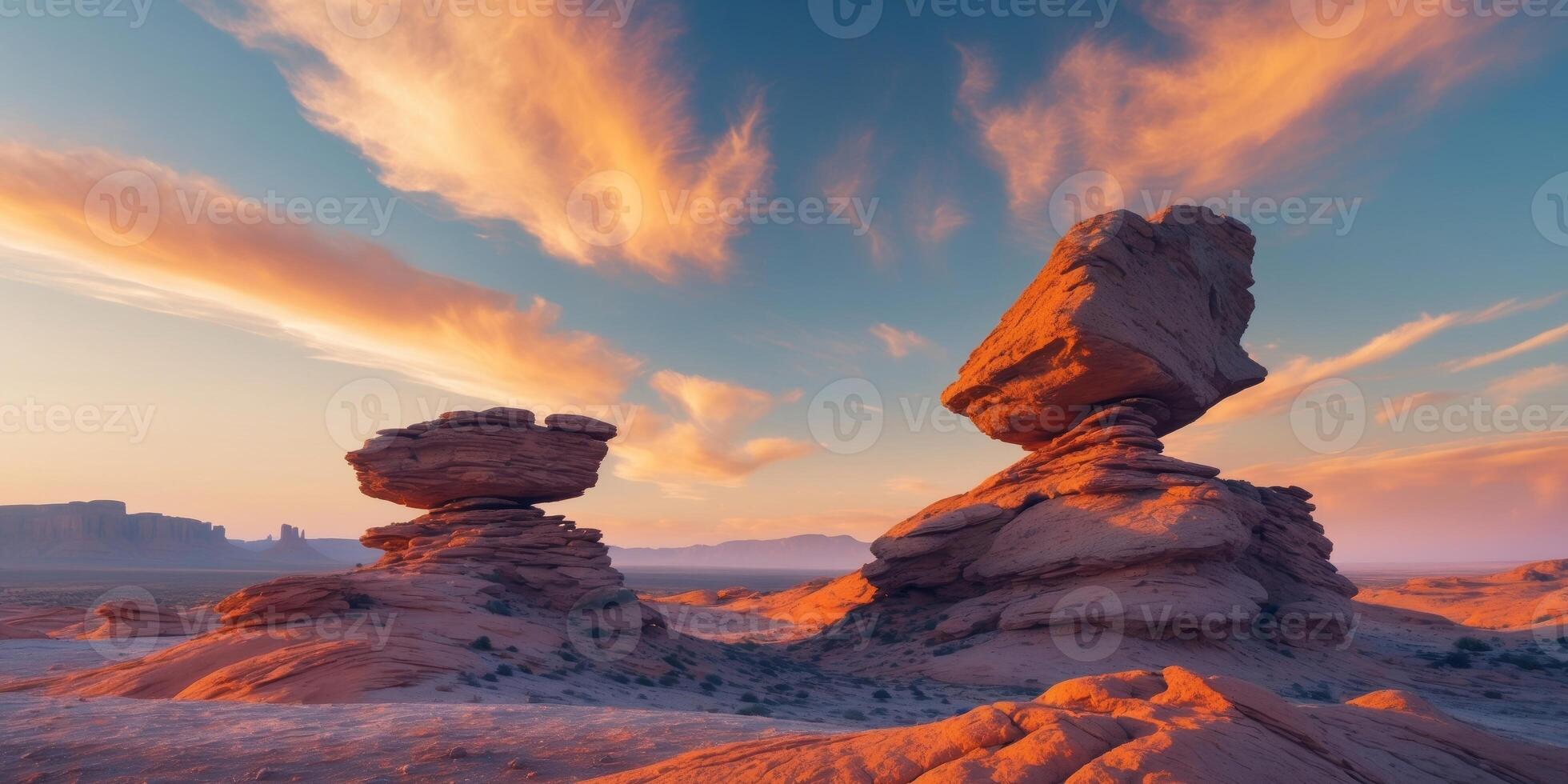 A Majestic Sunset Illuminates Precariously Balanced Rock Formations in a Dramatic Landscape. photo