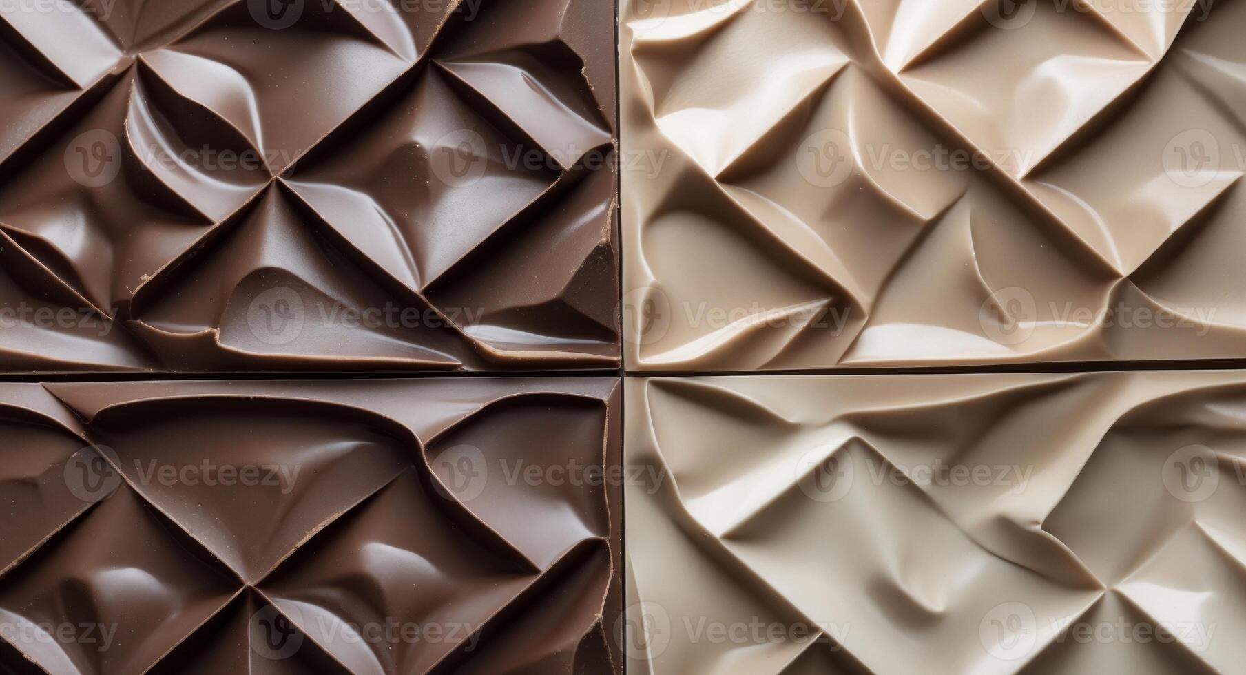 Symmetrical grid of dark and milk chocolate square tiles in various shades of brown and beige creating abstract background mocha mousse. photo
