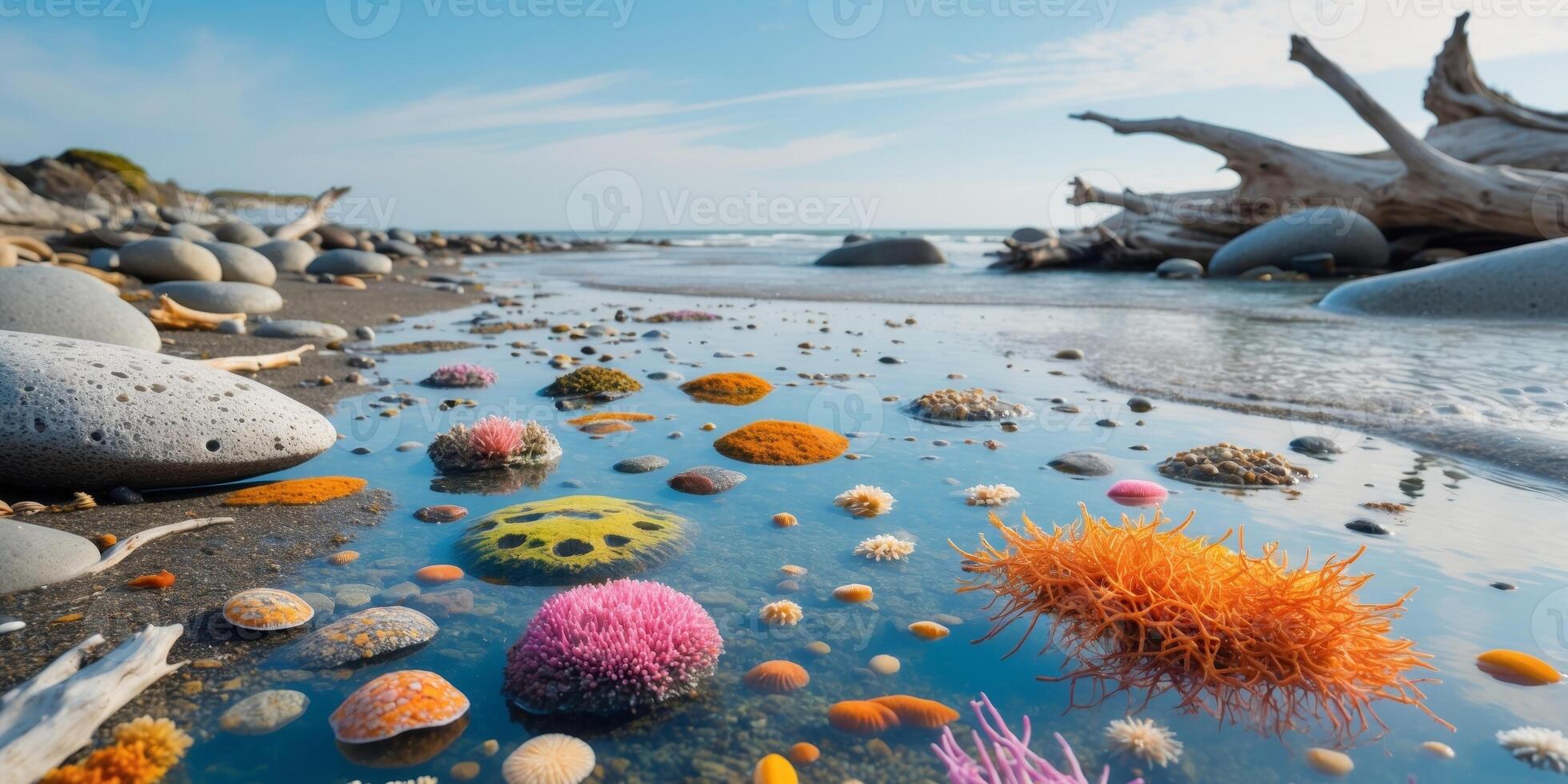 Colorful Marine Life in Tidal Pools on Coastal Shoreline. photo