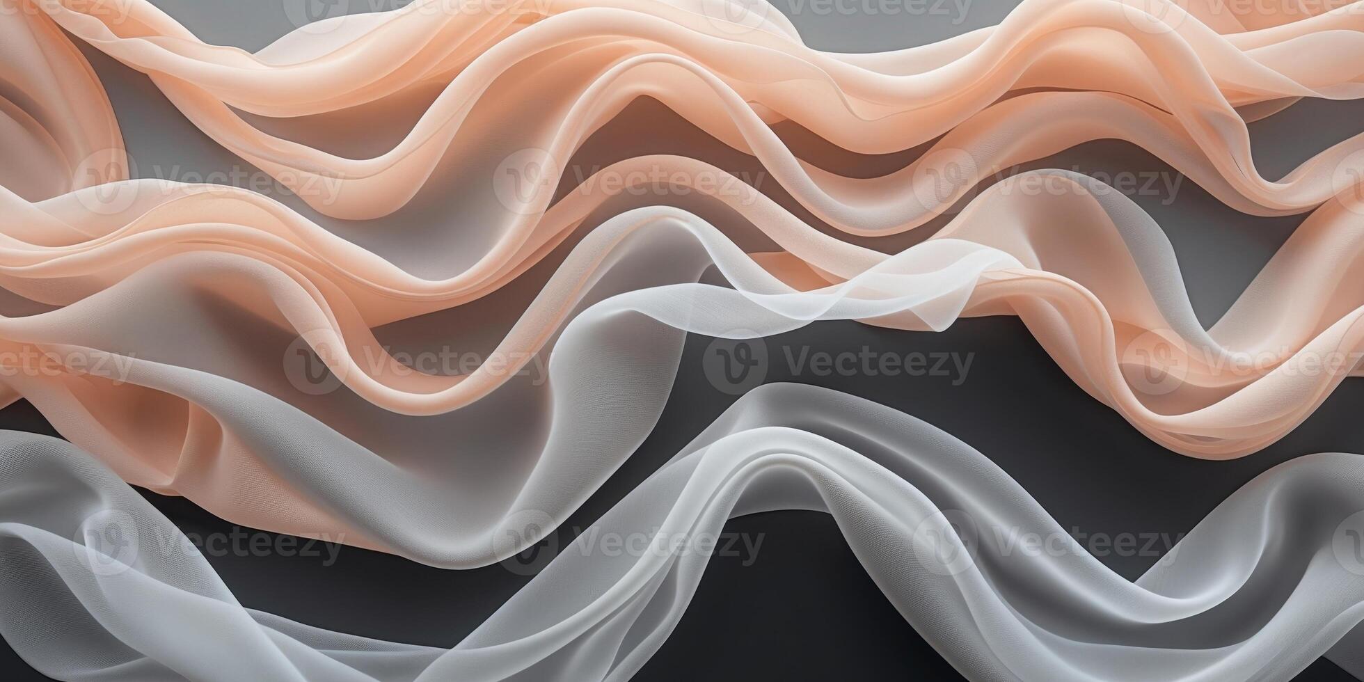 Abstract digital art with flowing translucent fabric waves in shades of peach and gray on black background. photo