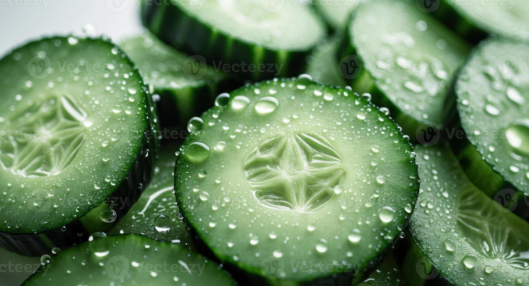 Close Up of Fresh Cucumber Slices with Water Drops. photo