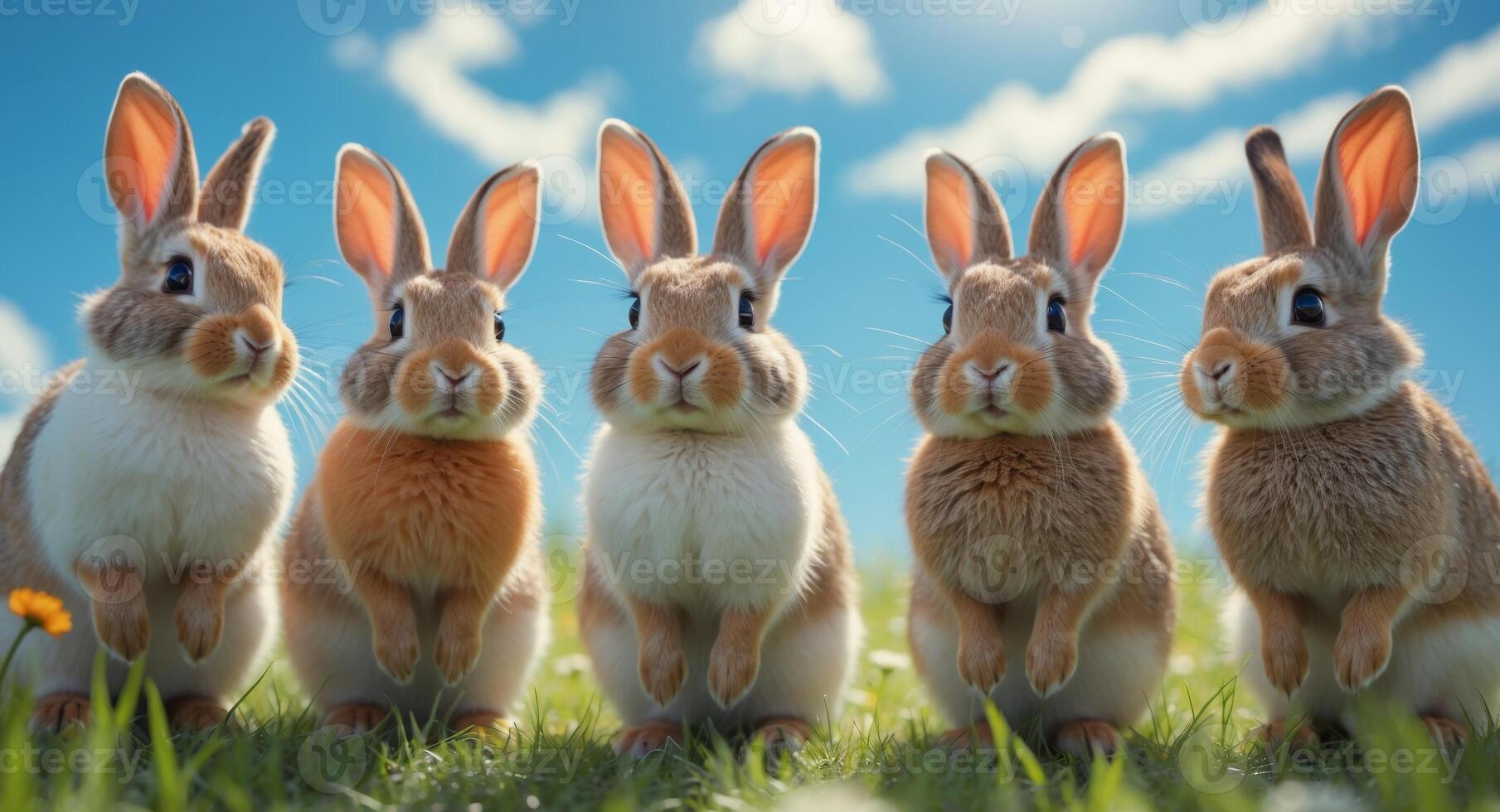 Five curious rabbits lined up with attentive expressions in a bright outdoor setting. photo