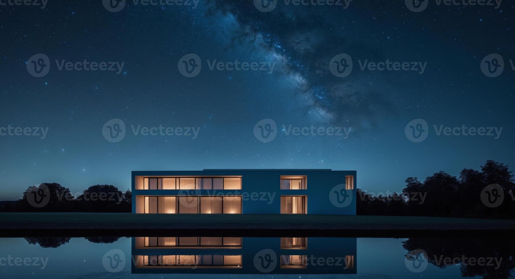 Modern house at night with starry sky and calm water reflection photo