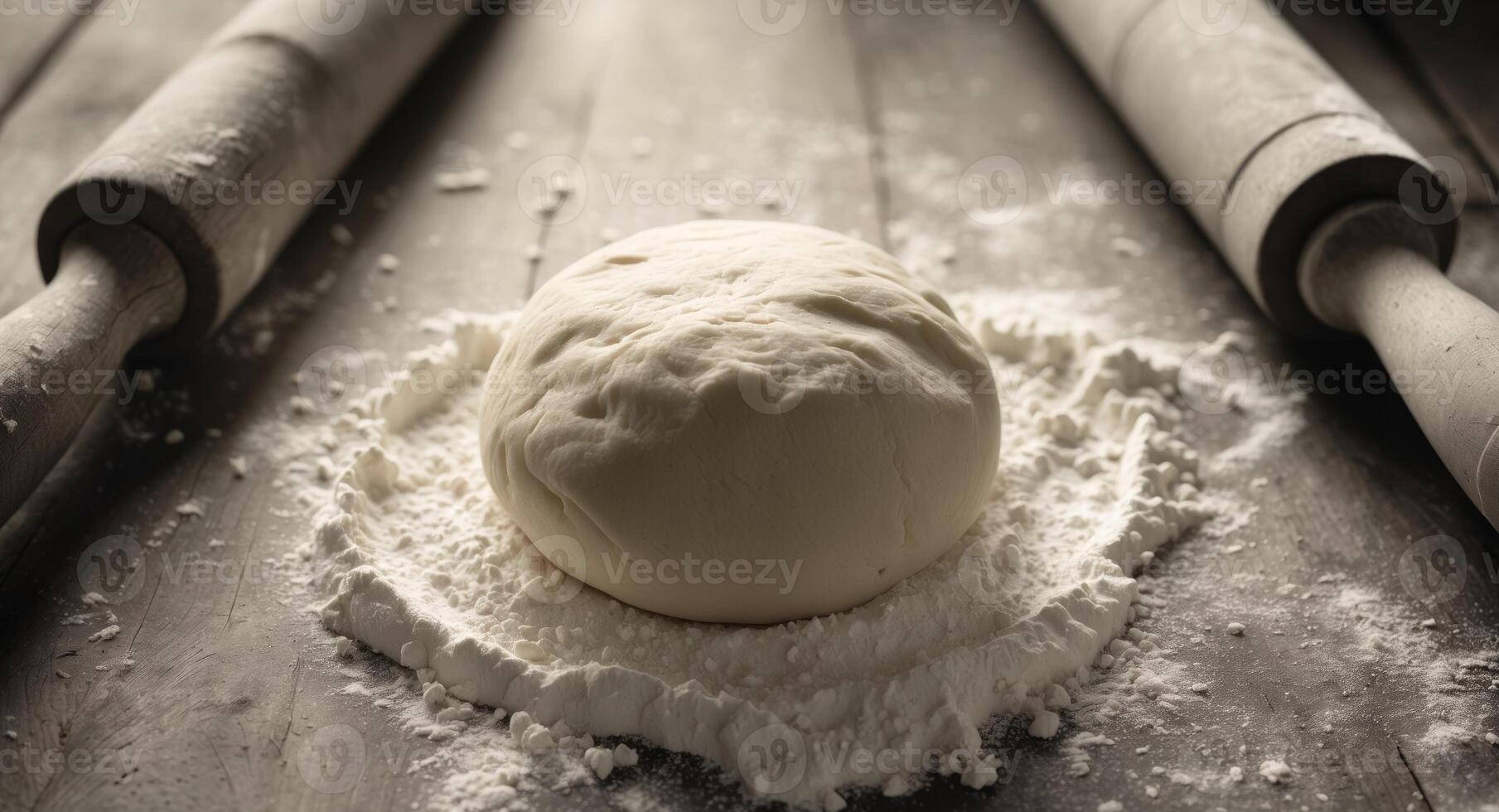 Dough ball on wooden board with flour and rolling pins. photo