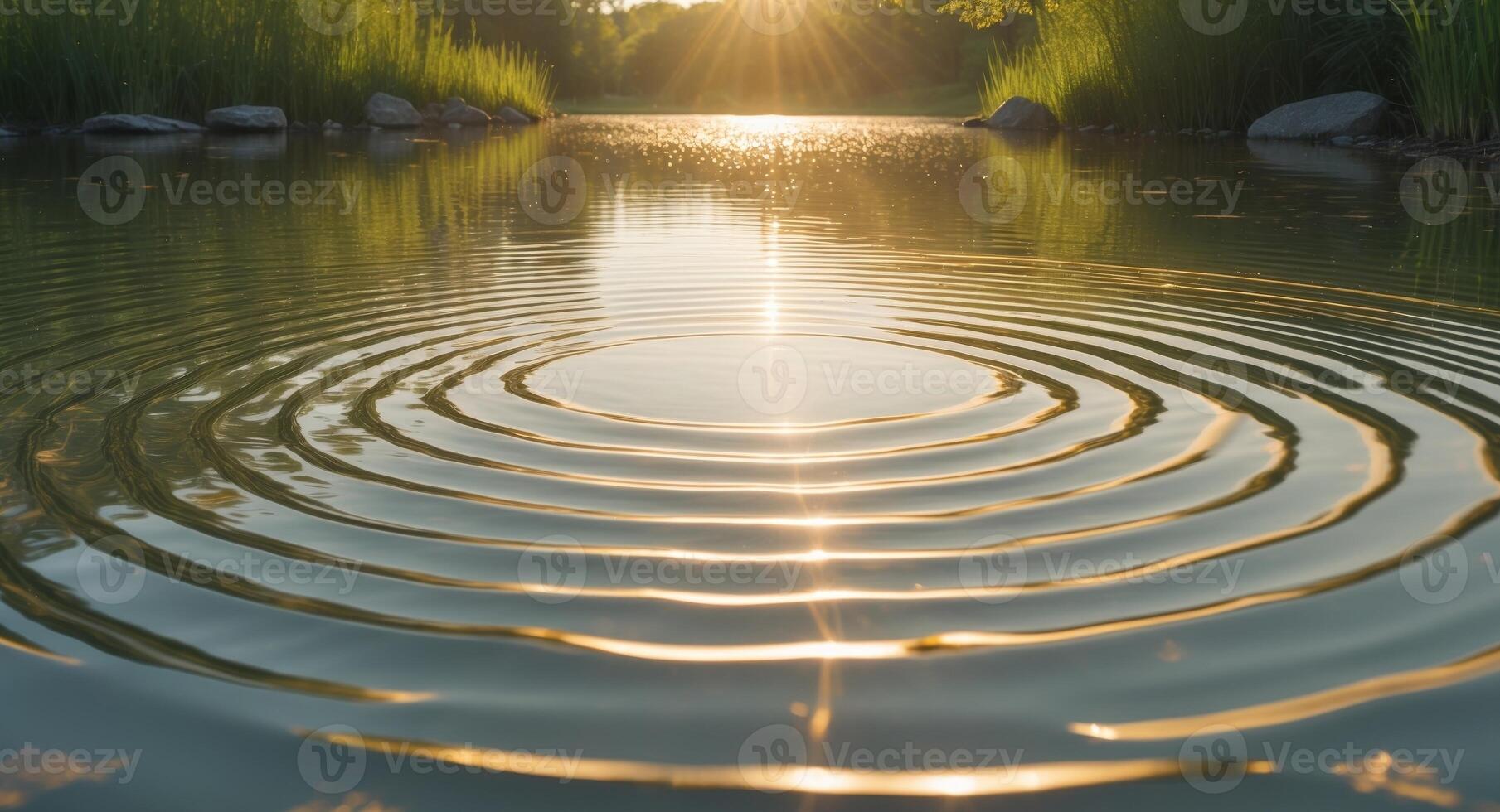 Golden ripples spreading across calm pond. photo