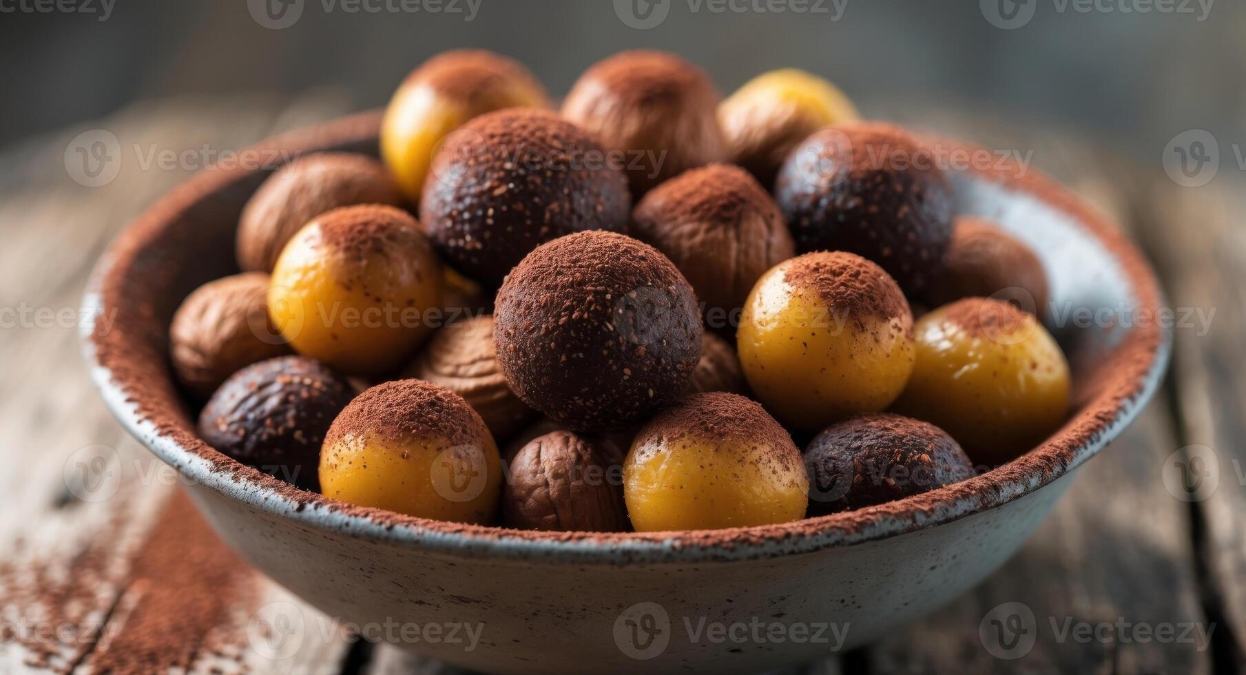A closeup of bowl of delicious fruit and nut balls dusted in cocoa powder on a wooden table photo
