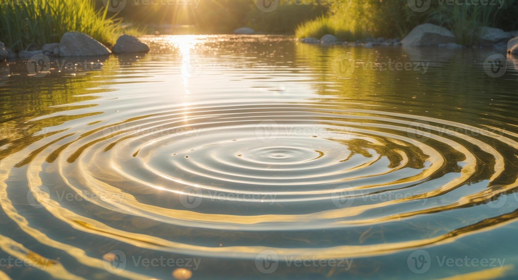 Golden ripples spreading across calm pond photo