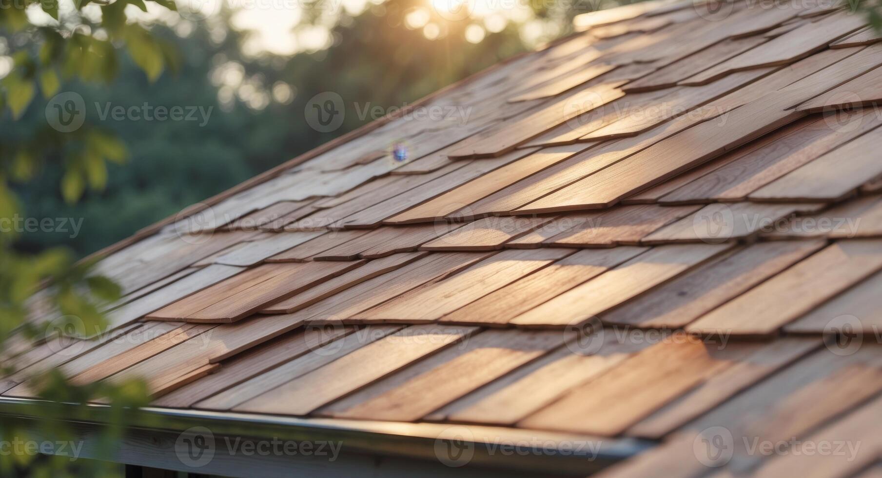 Close up summer view of a contemporary cedar roofed home. photo