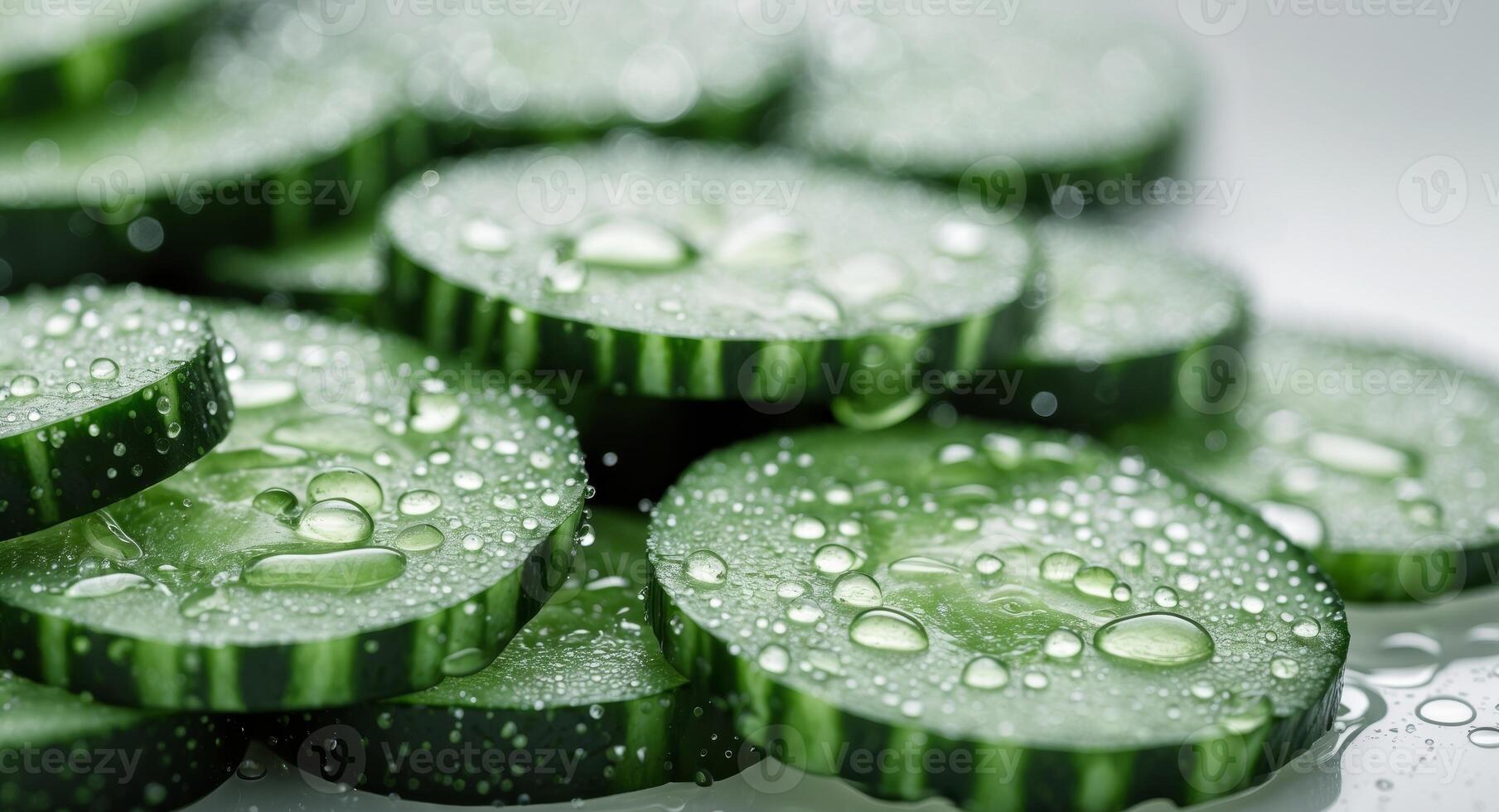 Close Up of Fresh Cucumber Slices with Water Drops photo
