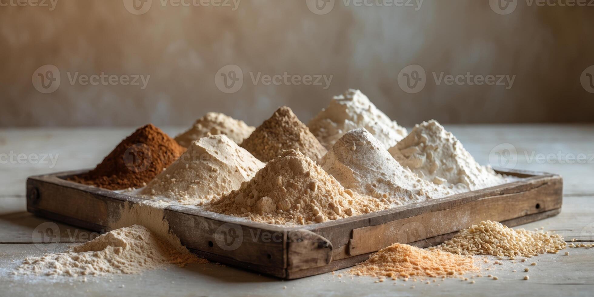 Variety of flours displayed on a wooden tray in a rustic setting. photo