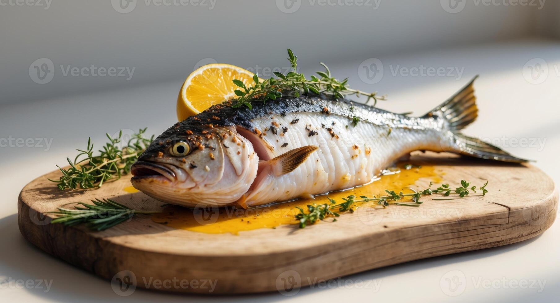 Whole Roasted Fish with Charred Herbs and Lemon on a Wooden Serving Board photo