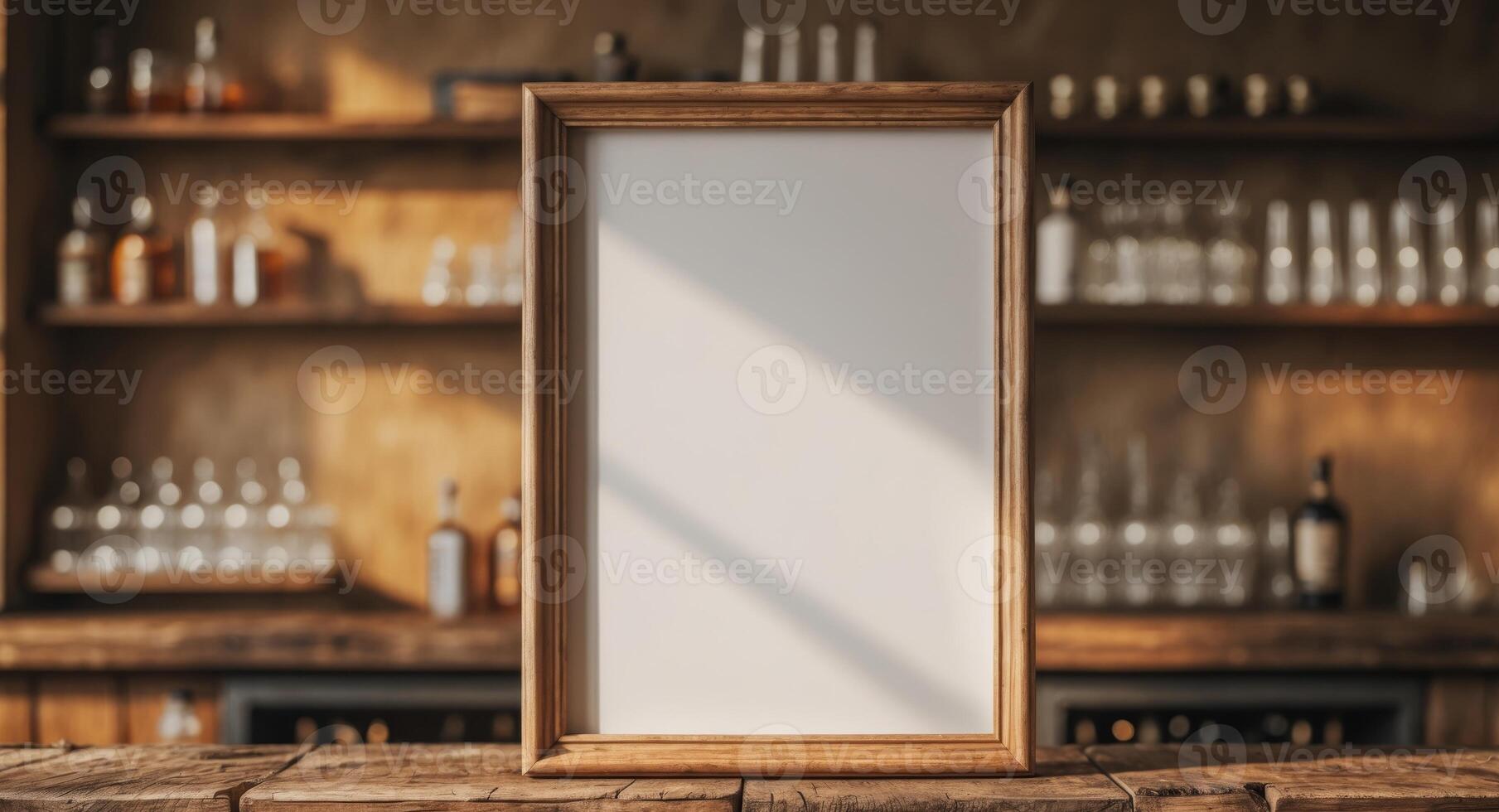 Blank Frame Mockup in Rustic Bar Setting. photo
