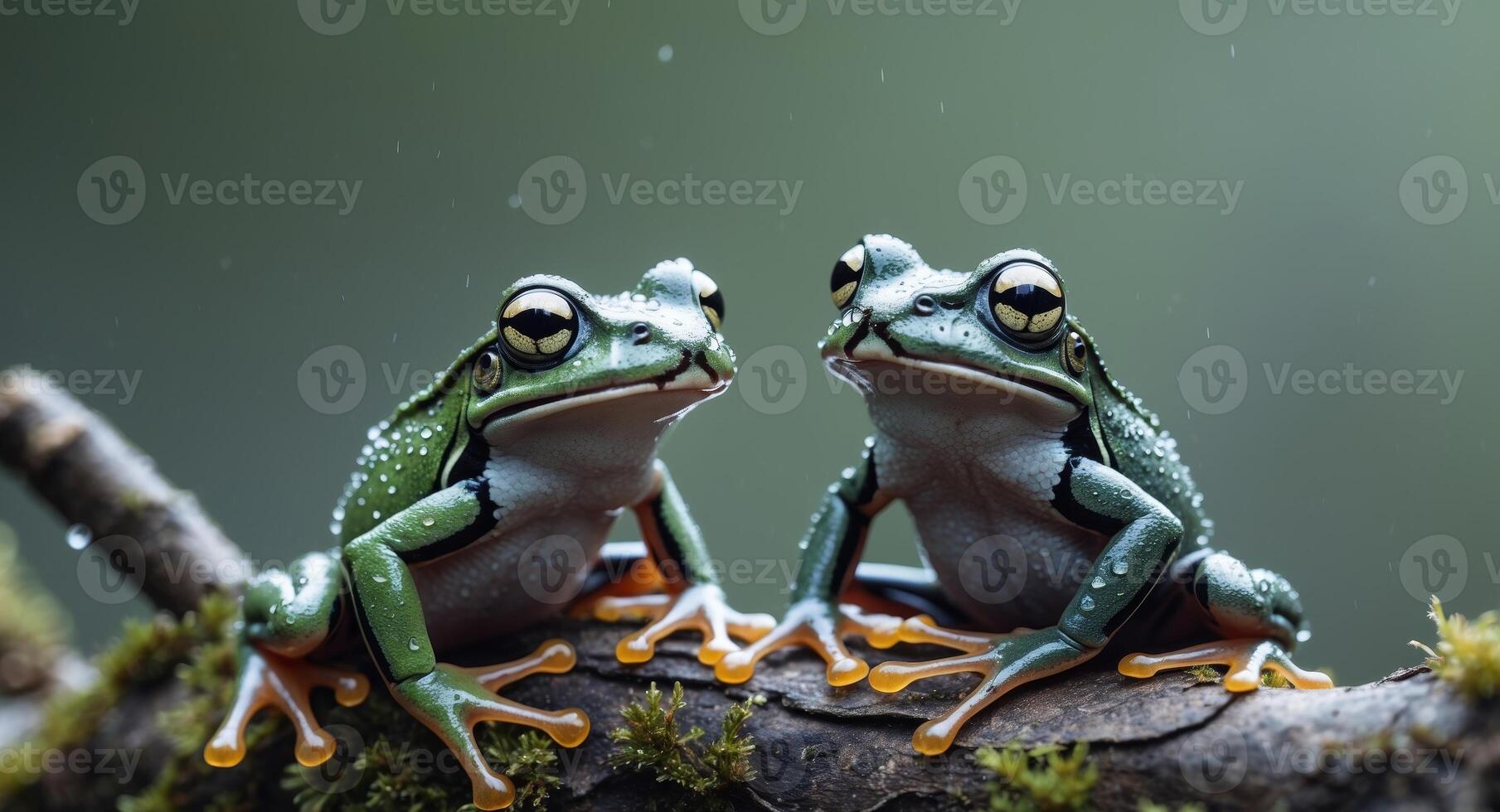 Two amazon milk frogs including a panda tree frog seen up close on a branch photo