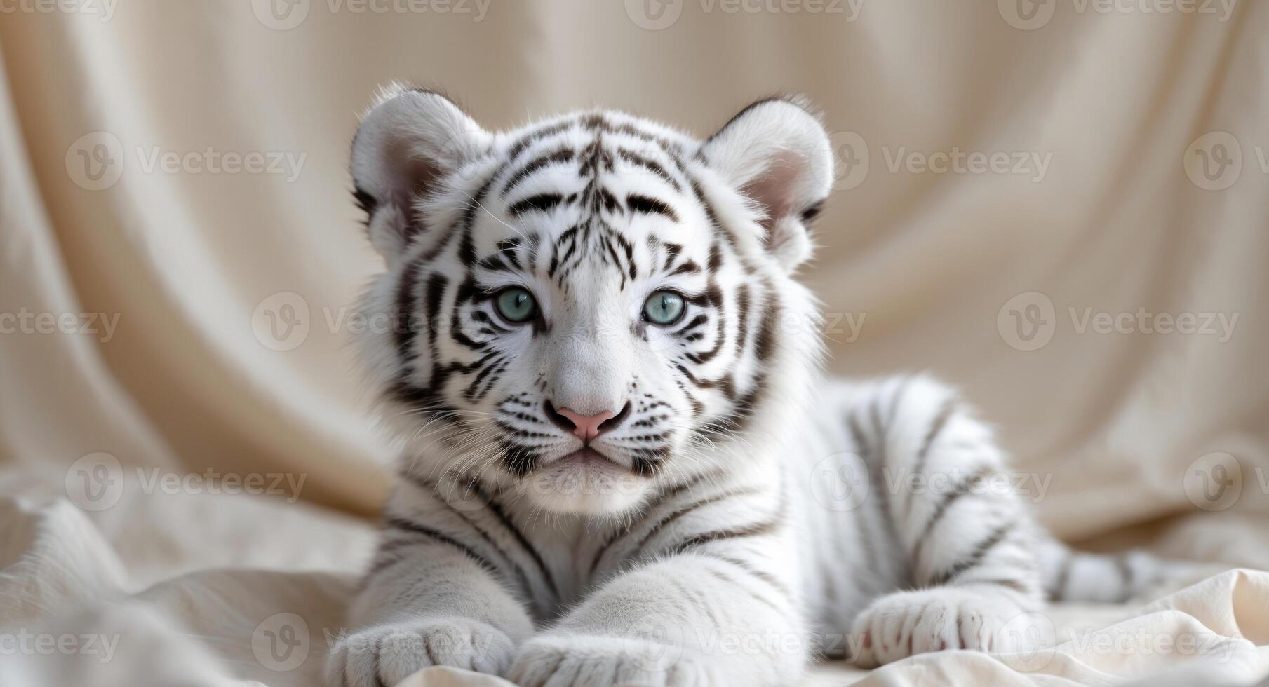 a white tiger cub sits on a neutral background photo