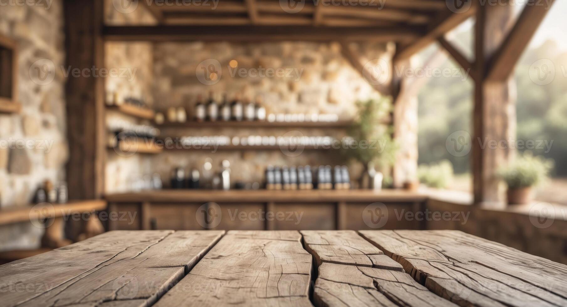 Cozy and warm countryside bar background setting with a sturdy wooden table board in the foreground ready for product display mockups and presentations. photo