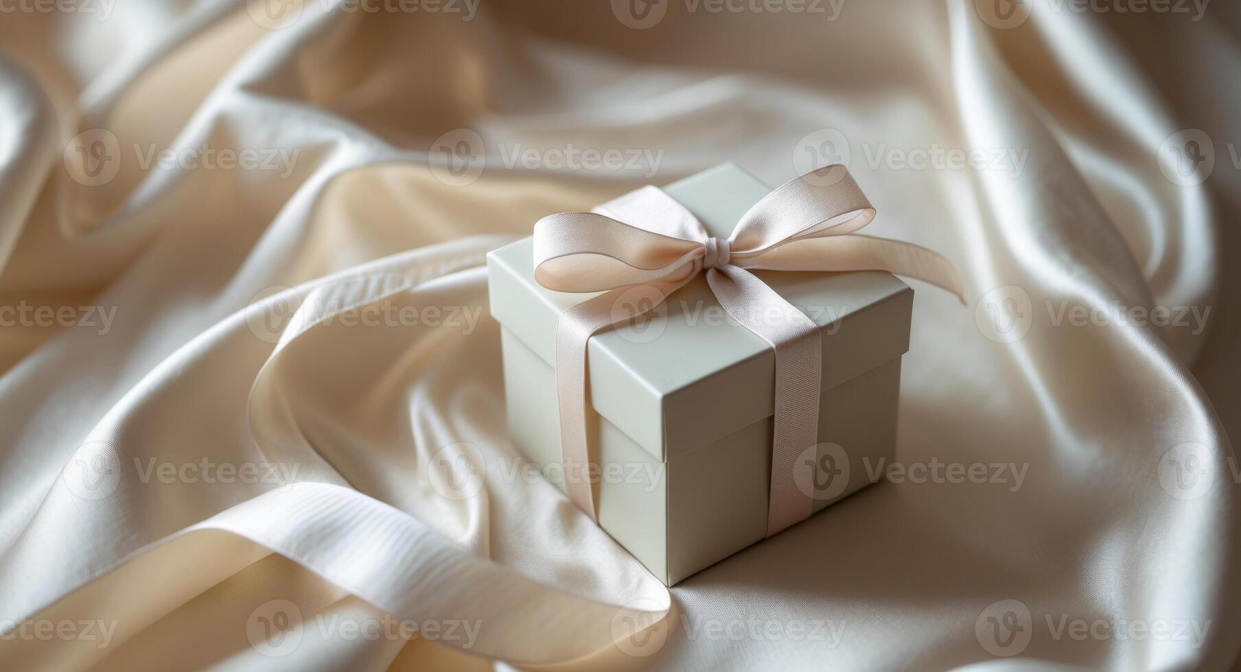 Elegant Gift Box with Ribbon on Silk Fabric - Beige Luxury. photo