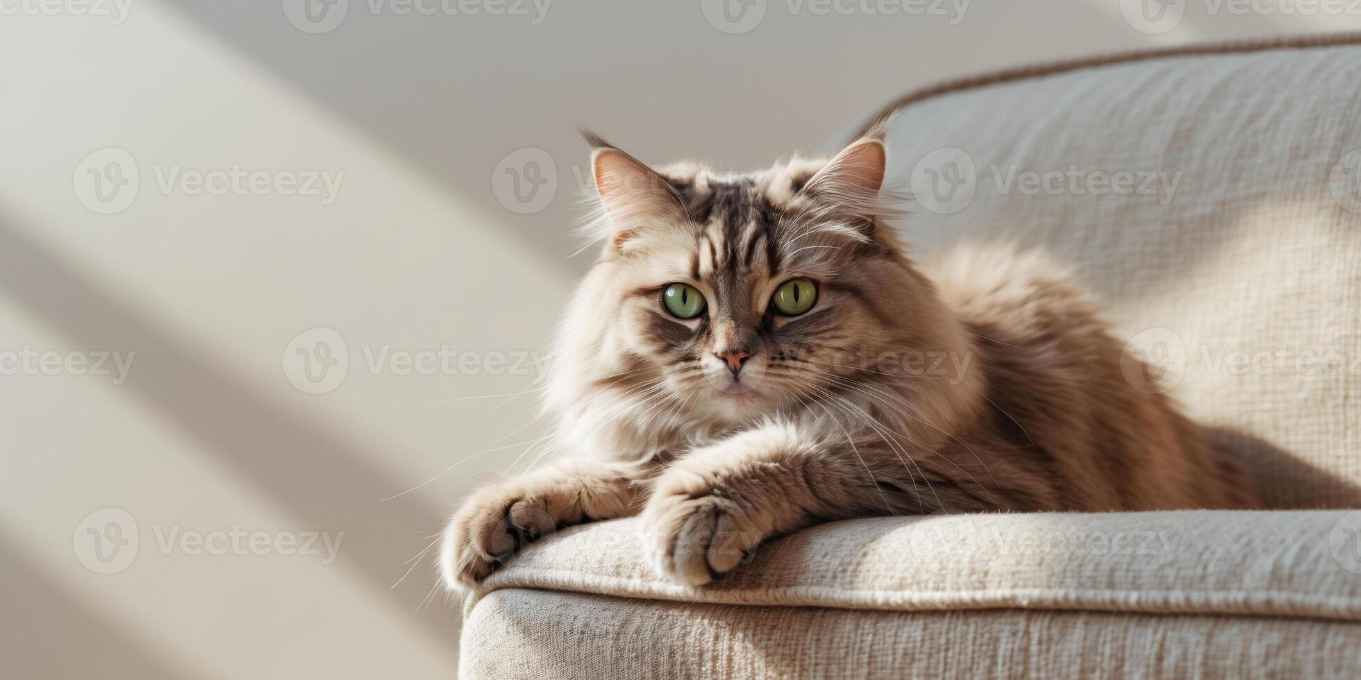 Fluffy domestic cat with green eyes claws at textured couch with neutral background and copy space for text. photo