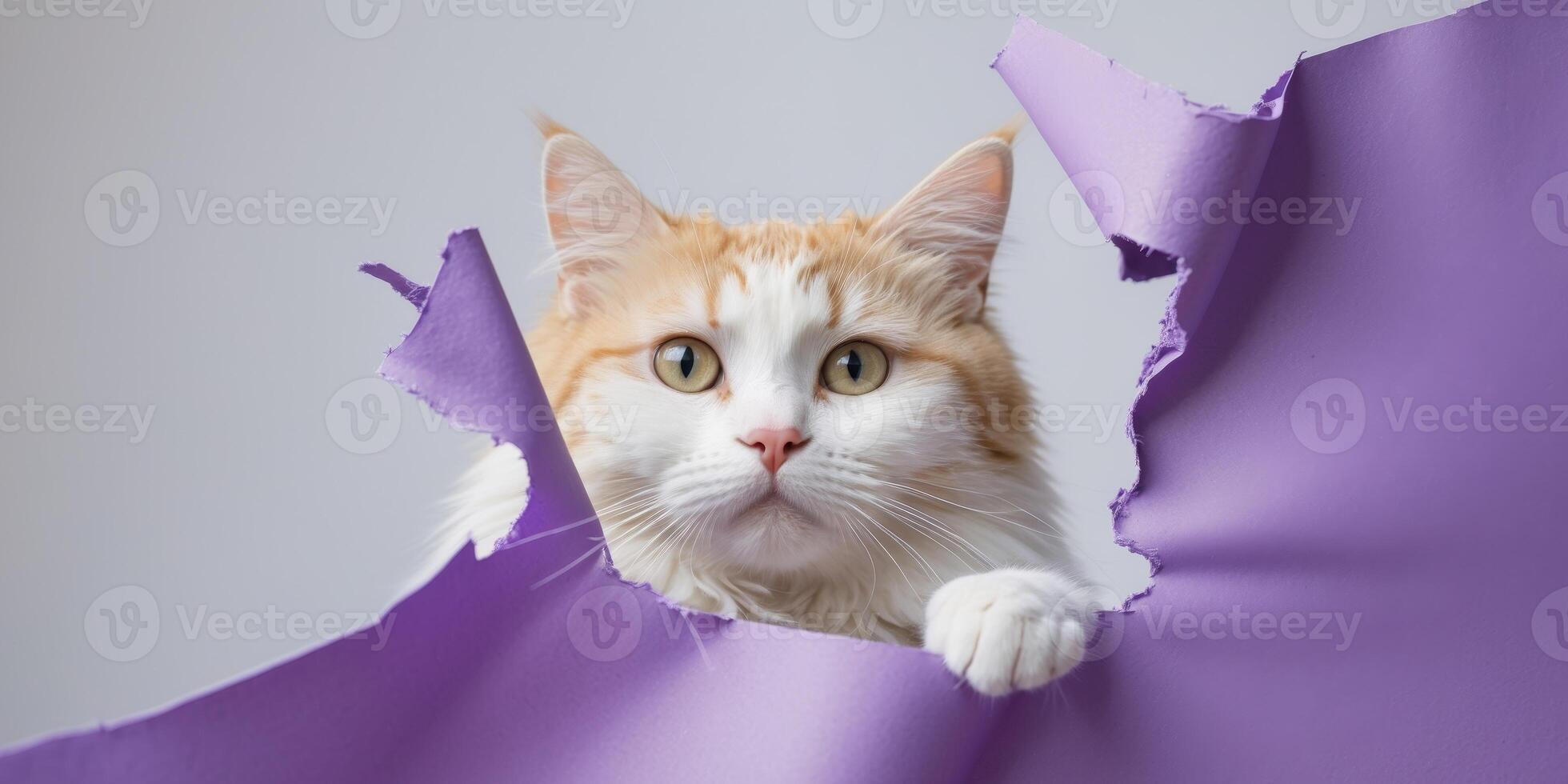 a cute white and ginger cat looking through a ripped hole in a purple paper banner with copy space. photo