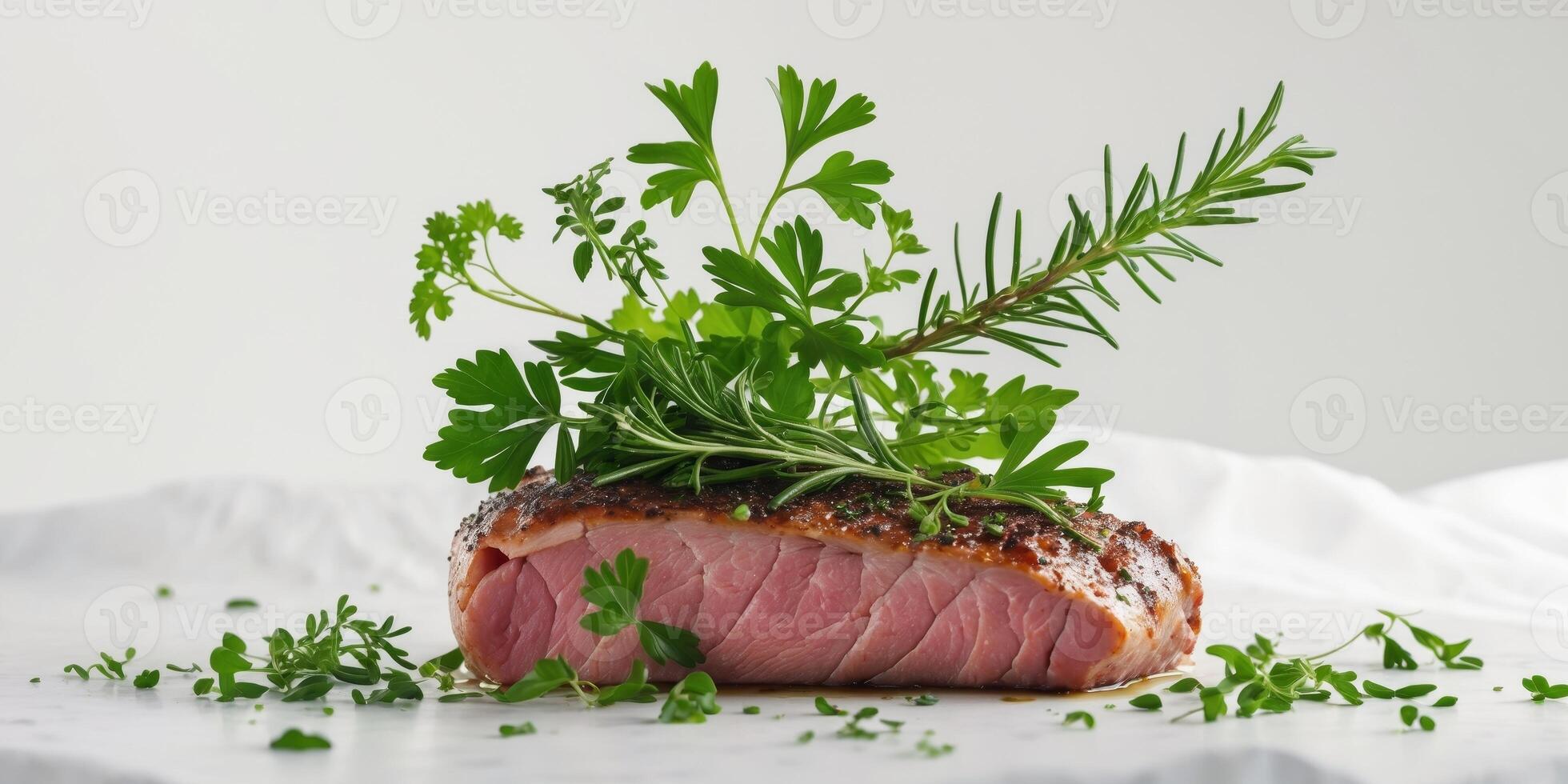 A close up of a piece of meat with a bunch of green herbs on top. photo