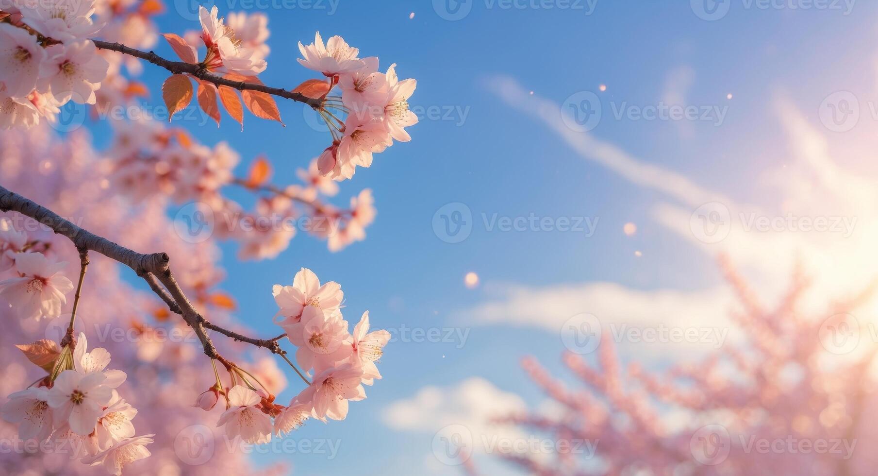 Cherry blossoms in full bloom with a vibrant sky and sunshine light photo