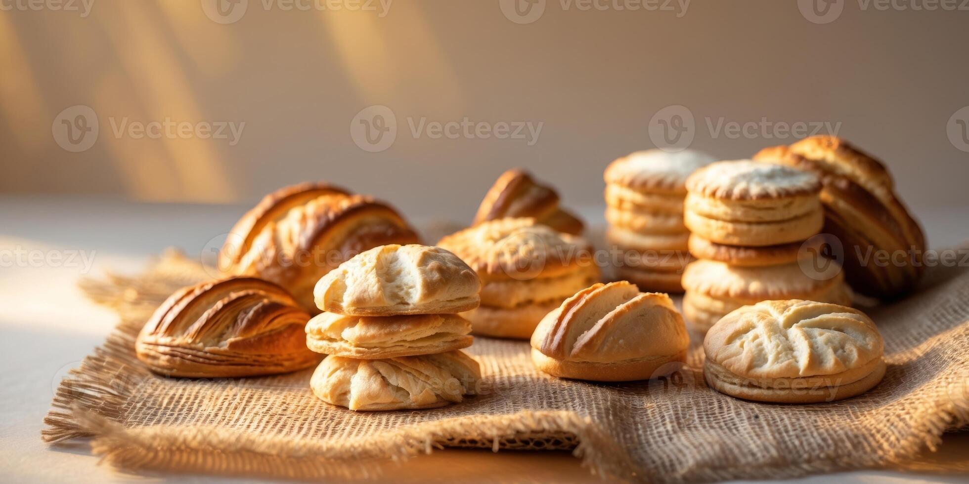Rustic Biscuits and Pastries Presented on Burlap in Warm Lighting. photo