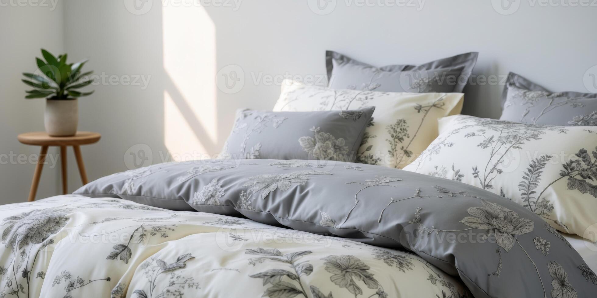 Serene Bedroom with Elegant Grey and White Botanical Bedding. photo