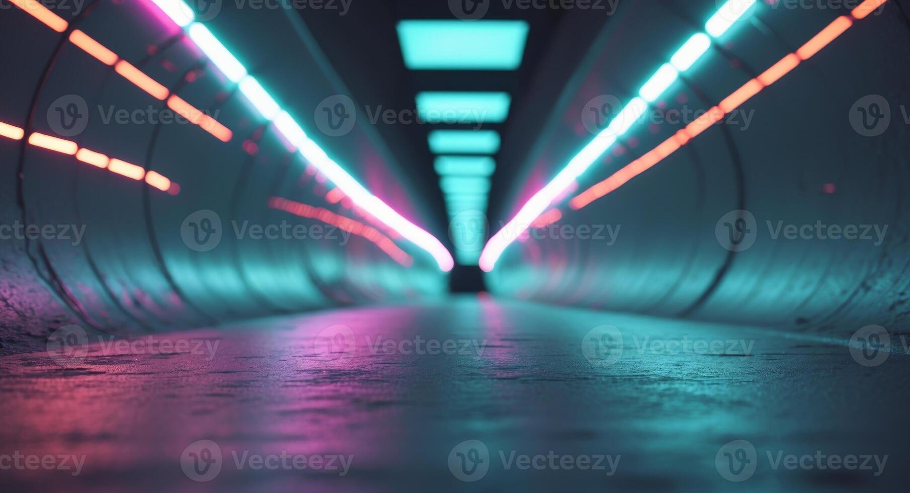 a close up of a tunnel with neon lights on the sides photo