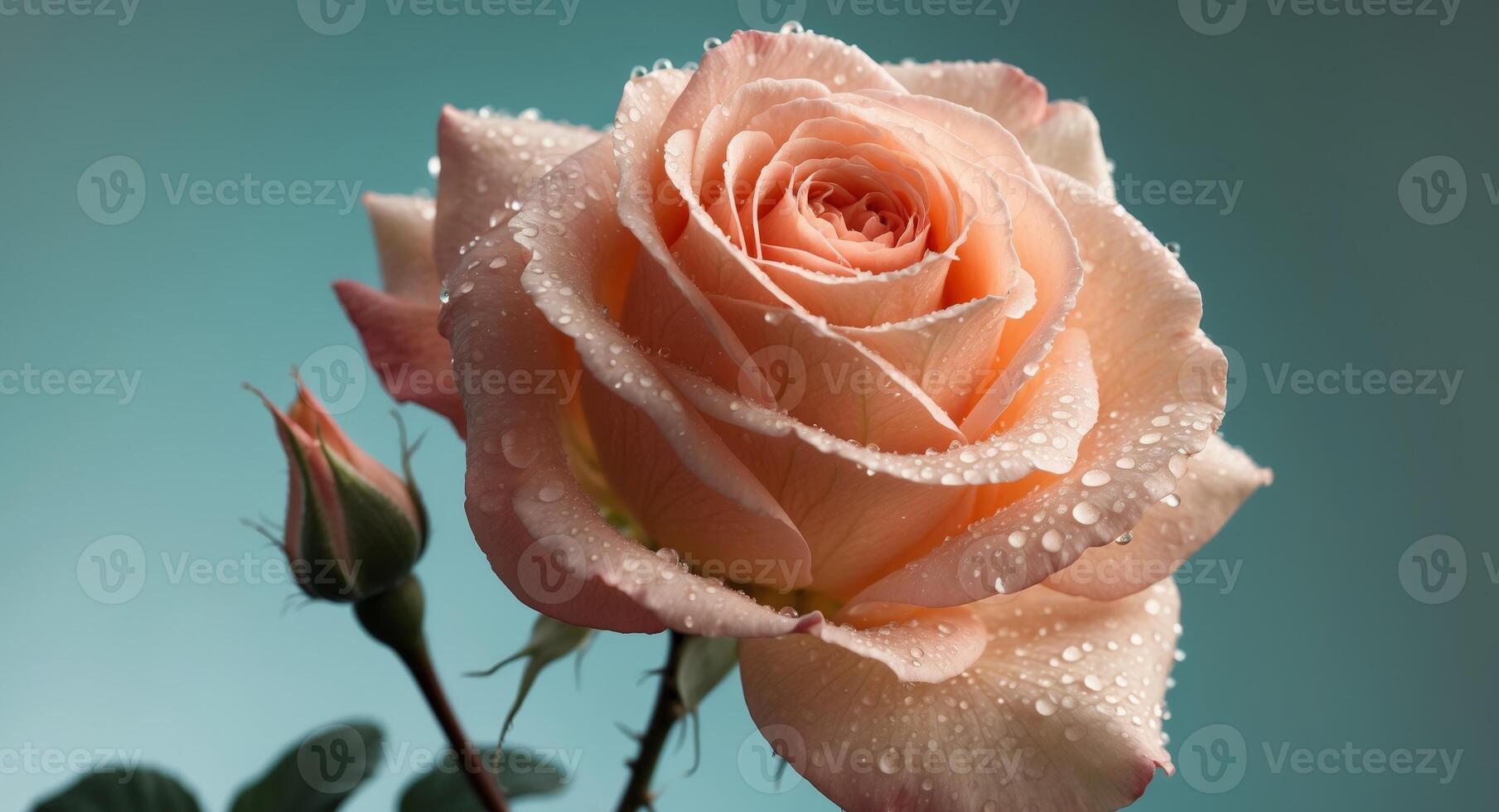 Close up Dew Drops Peach Rose Flower Blossom on Teal Background. photo