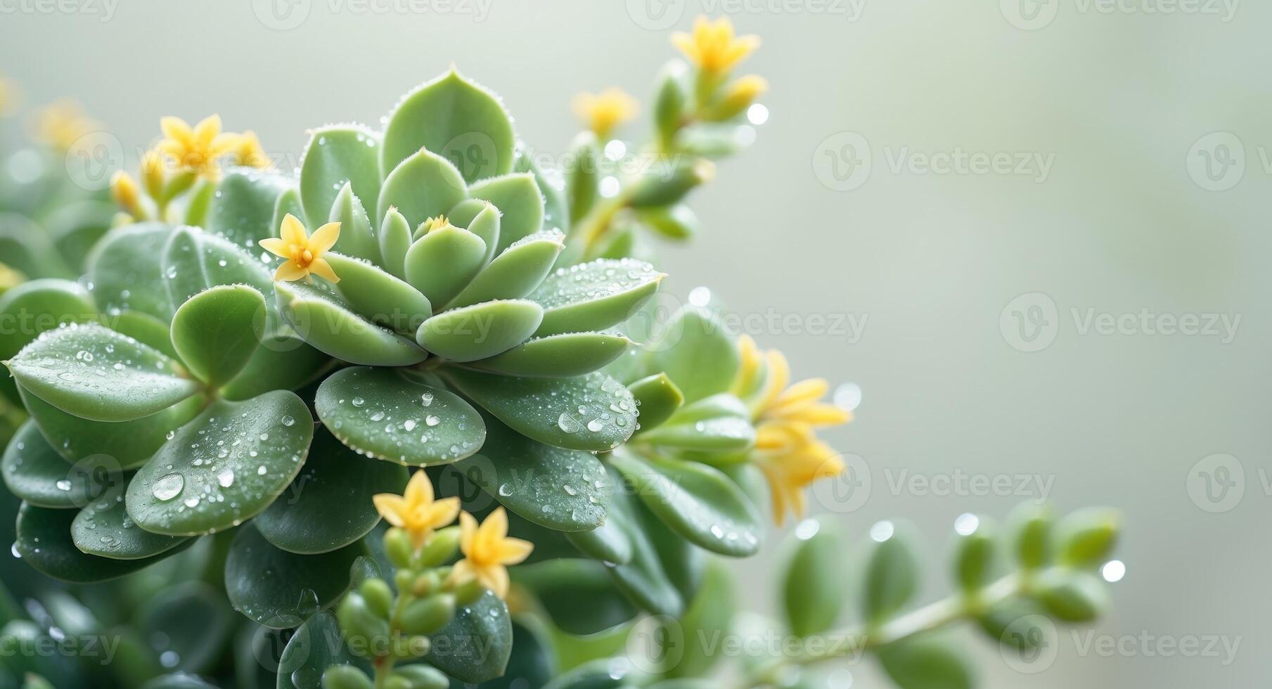 A green succulent and yellow flower with drops of water on it photo