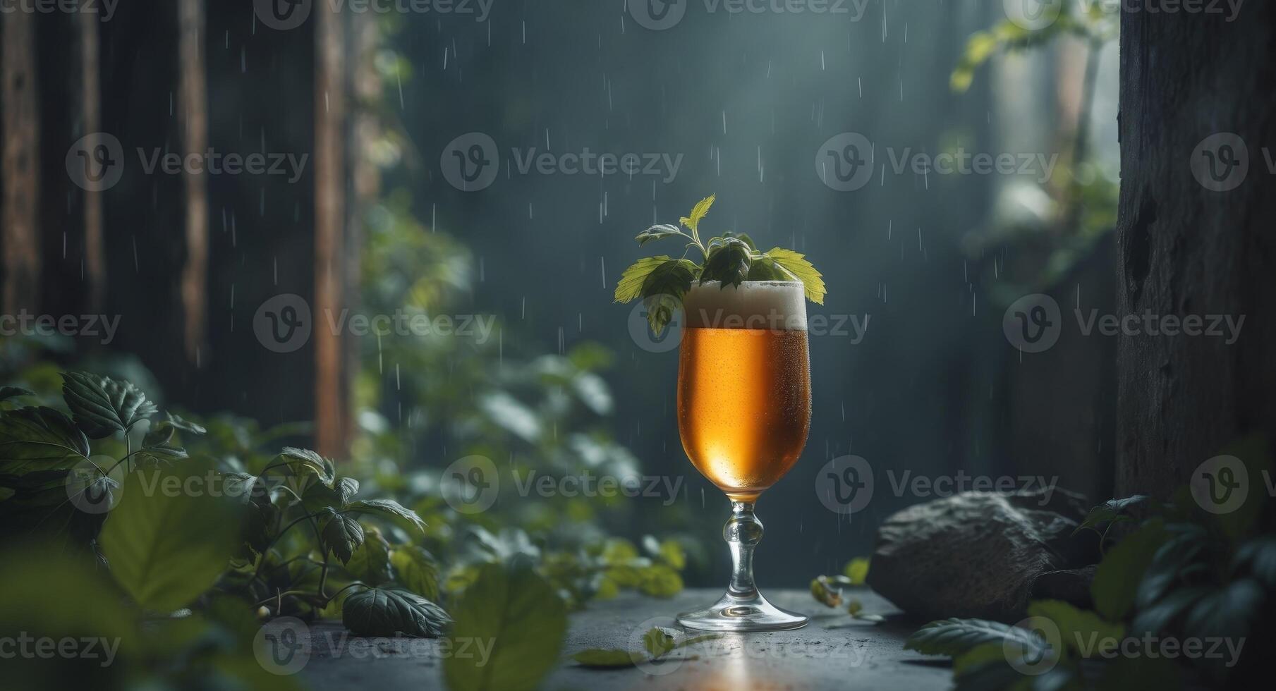 Enjoying a refreshing glass of golden beer with hops and greenery in a dark setting. photo