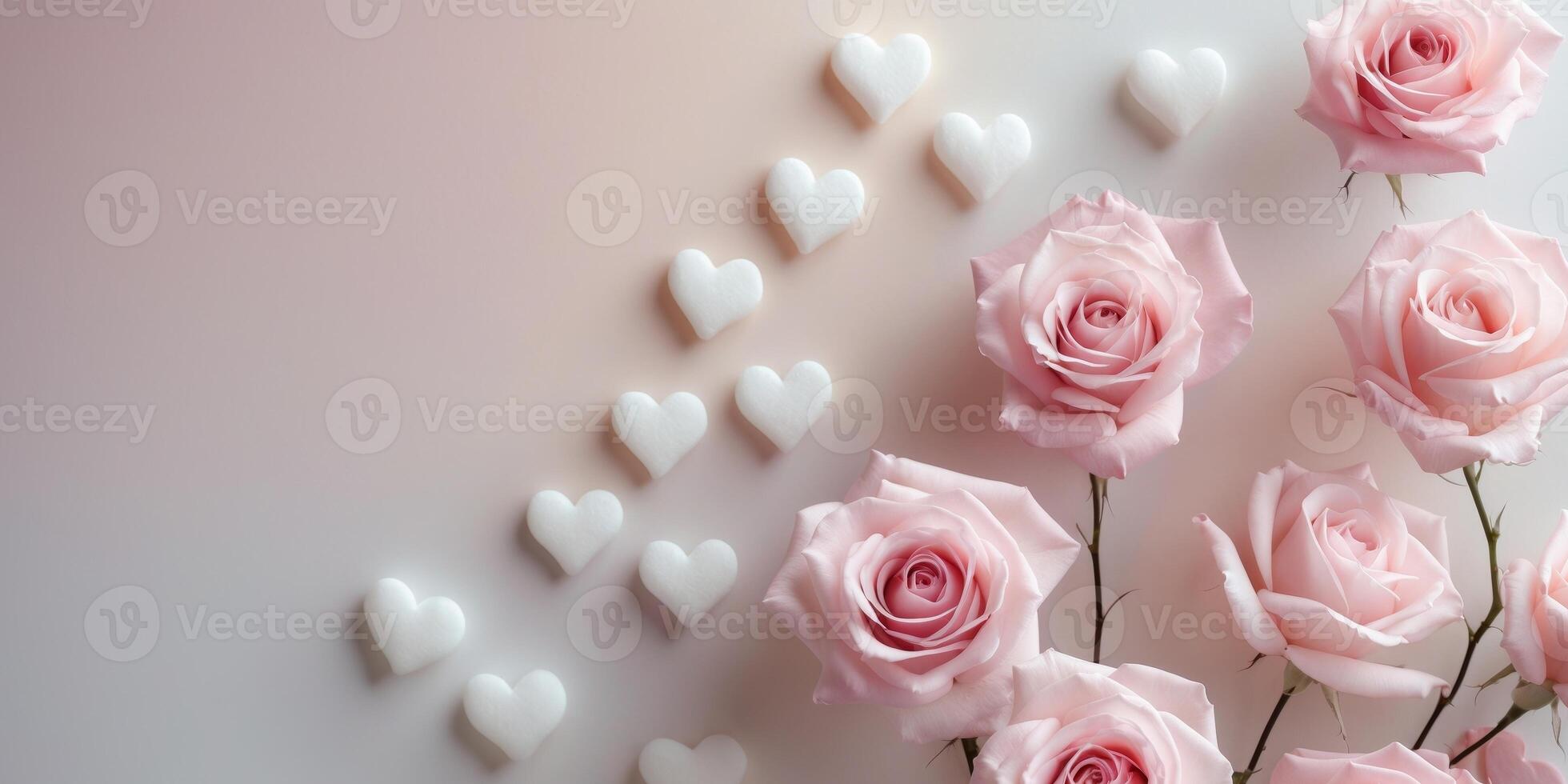 Soft pink roses and white hearts on pastel gradient background. photo