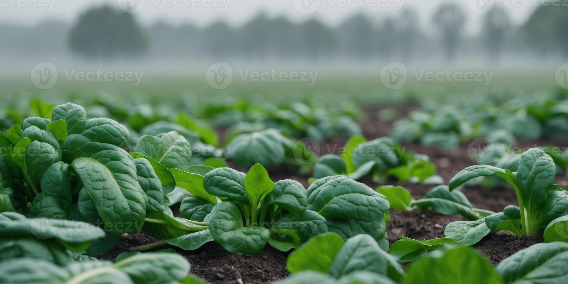 Fresh Organic Spinach in Farmland with Overcast Sky. photo