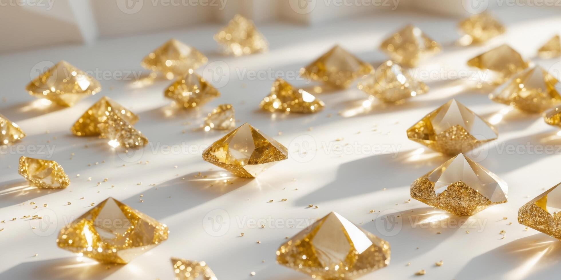 Golden crystals with sparkling glitters forming an abstract textured background. photo